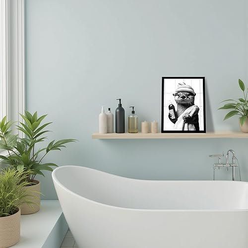 Miniatura 4 de SYWENNOI Lienzo enmarcado en blanco y negro para la pared, diseño de nutria divertida se está preparando, decoración de pared de baño, impresiones