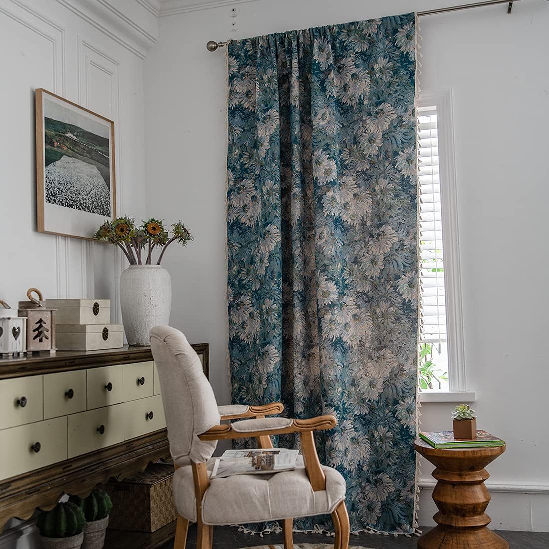 vctops Country Style Floral Jacquard Curtain Panels with Tassels Rod Pocket Room Darkening Thermal Insulated Window Drapes for Living Room Bedroom (Blue,59"x63")