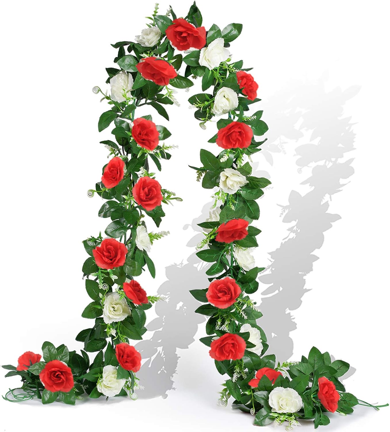 EPLST 2 Pack/15.7 FT Artificial Flowers Garland Fake Flower Rose Vine Lifelike Silk Decorative Wall Hanging Plant for Wedding Arch Arrangement Party Garden Home Bedroom Office Decoration White Red
