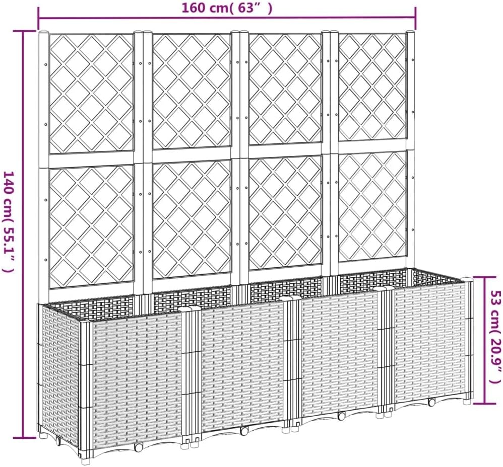 トレリス付き ブラック 160x40x140 cm PP, 屋外用プランター, 【vensovo】 フラワーボックス, ガーデンボッ