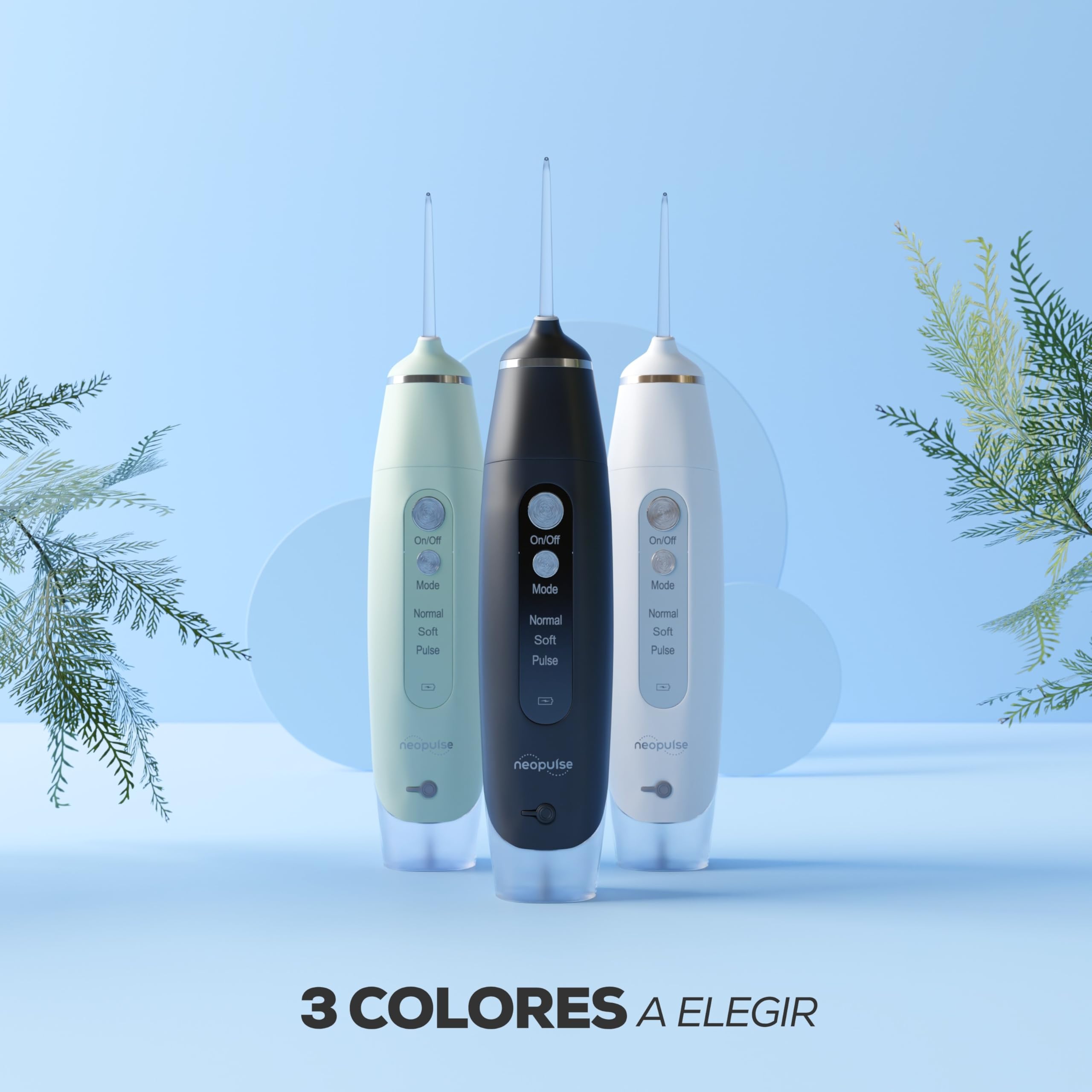 NEOPULSE MY FIRST – Irrigador Dental Portátil, 6 Niveles de Presión, 4 Boquillas Incluidas (2 Clásicas + 2 Ortodónticas), Depósito 165 ml, Recargable USB-C, Ideal Ortodoncia y Encías Sensibles, Blanco