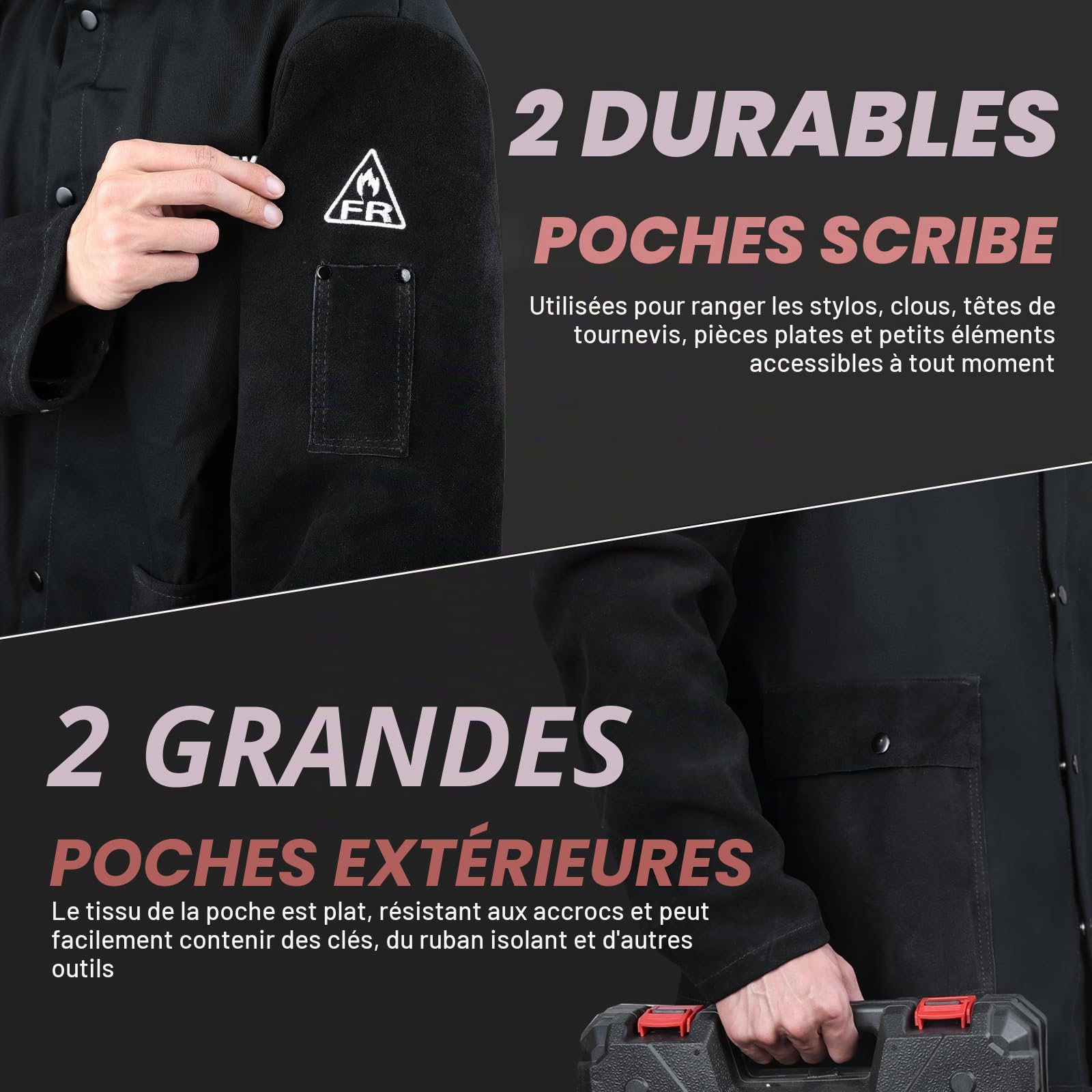 LeaSeek Veste de soudage ignifuge en coton avec manches en cuir, manteau de soudeur de sécurité au travail pour homme et femme