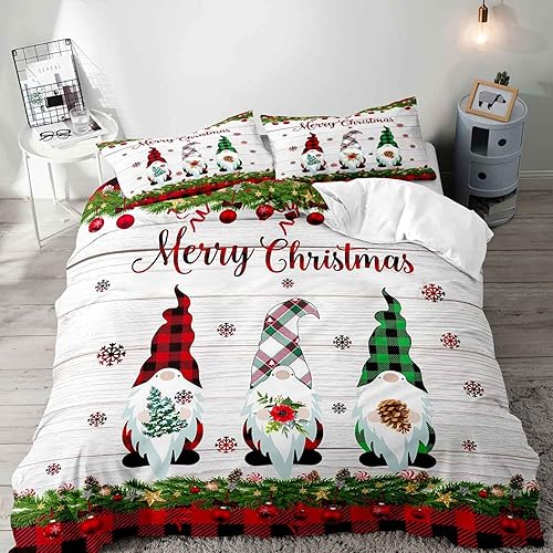 LUVIVIHOME Funda de edredón de 3 piezas con diseño de gnomo de Navidad tamaño matrimonial funda de edredón blanca ropa de cama para niños bolas de