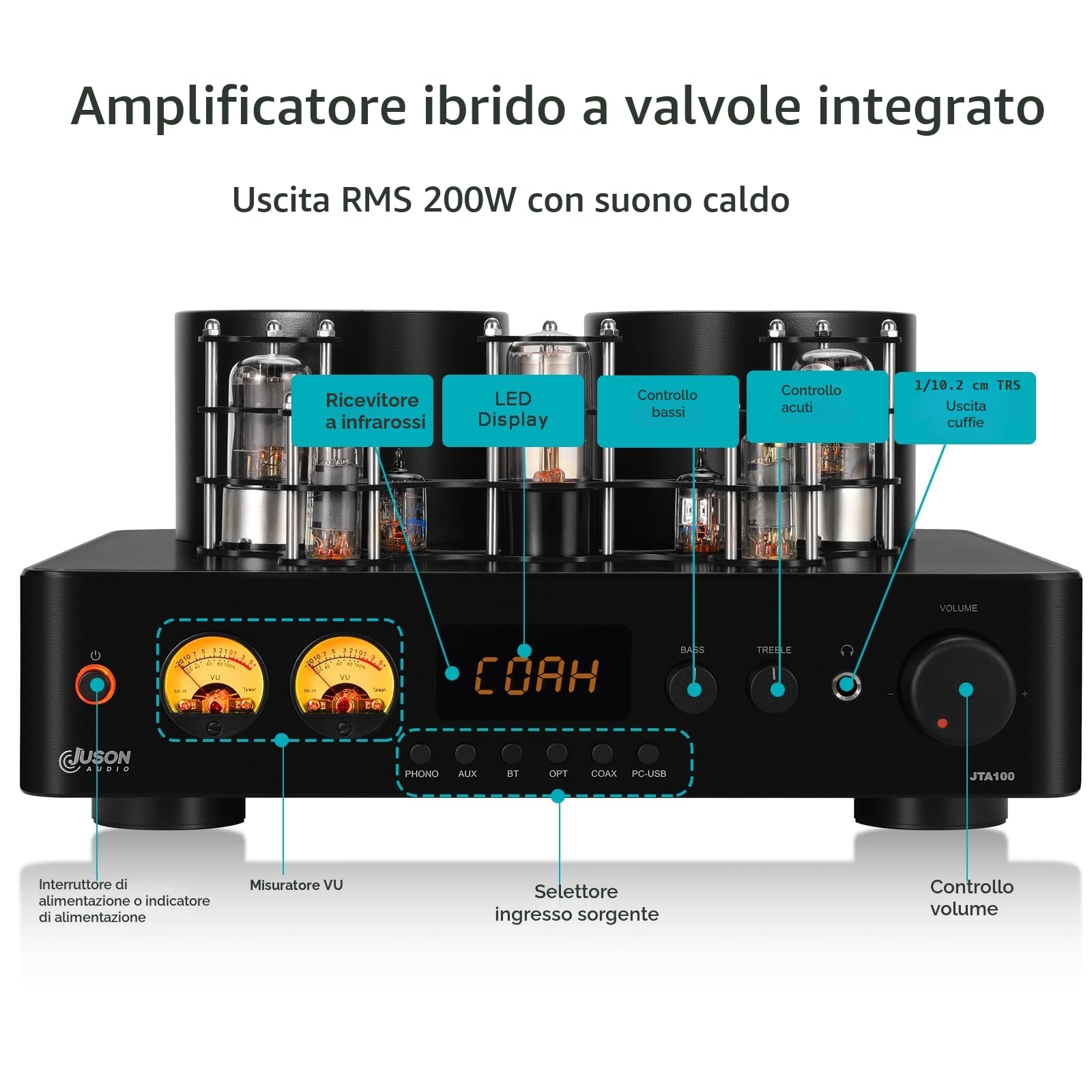 Juson Audio JTA100 200 W Amplificatore valvolare per tubi sottovuoto,ibrido integrato con Phono, BT 5.0 Optimal, ingresso RCA RCA e uscita cuffie 2.1CH Class AB HiFi Home Audio Amp per giradischi
