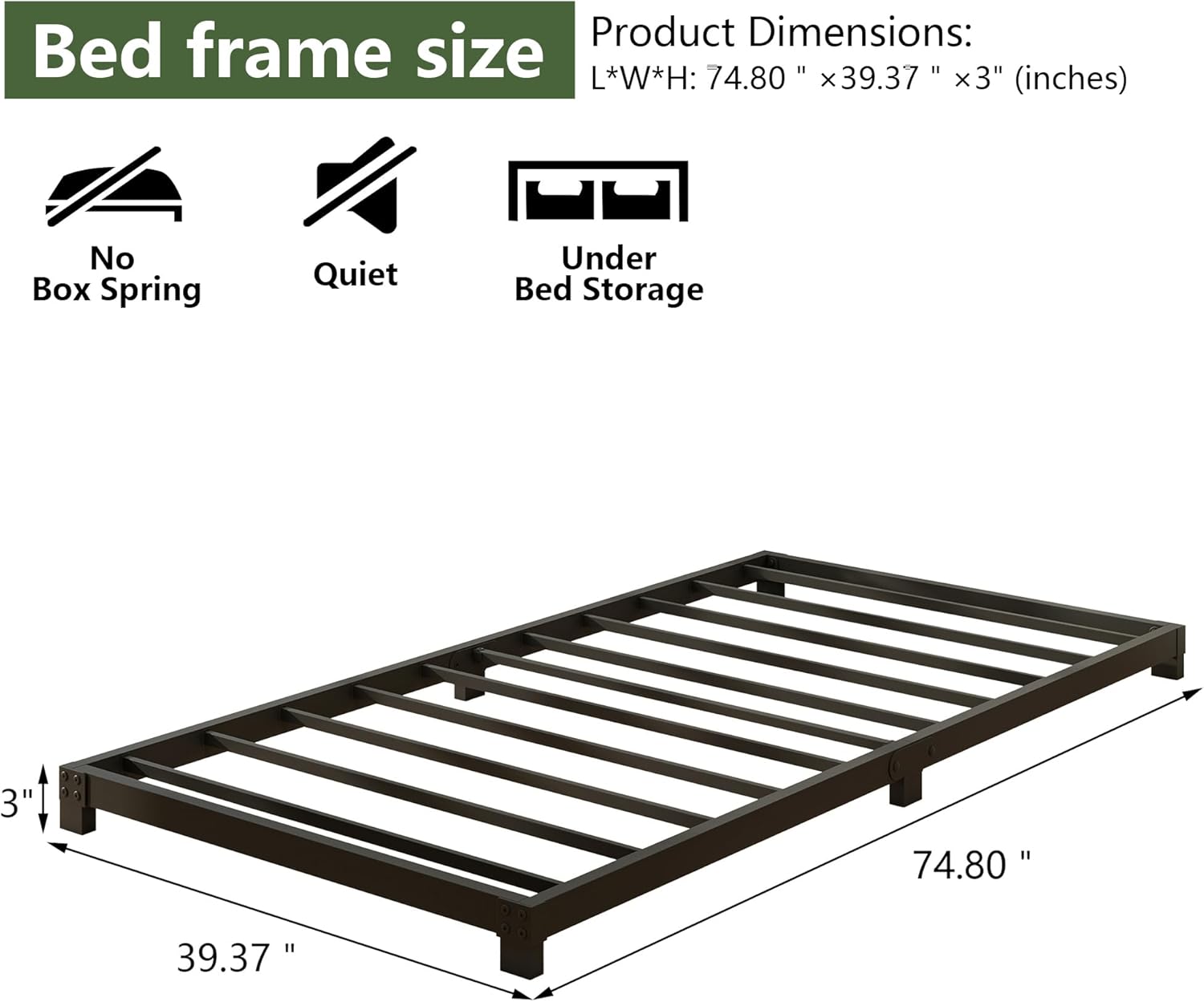 VERFARM 3 Inch Bed Frame Twin Size Low Profile, Twin Heavy Duty Platform Bed Frame No Box Spring Needed, Easy Assembly, Noise Free, Black Twin 3 inch-Black