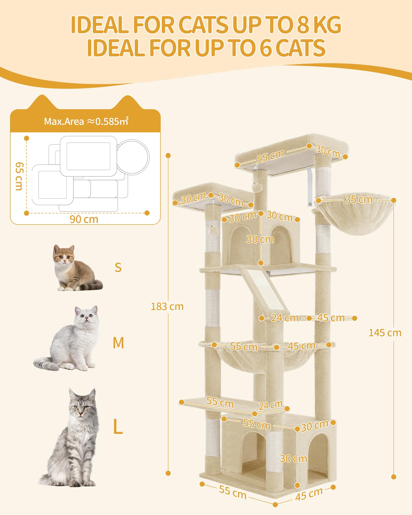 Hzuaneri Albero Tiragraffi Grande per Gatti, Torre per Gatti da Interno 183 cm con 2 Piattaforme, 2 Grotte, Cesta, Amaca e 6 Pali Tiragraffi, Ideale per Maine Coon e Tutte le Razze, Beige, MS18318YL
