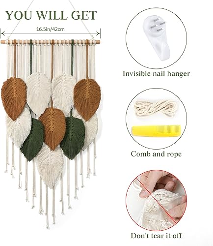 Miniatura 2 de KHOYIME Tapiz tejido de macramé con hojas para colgar en la pared, decoración del hogar, moderno, bohemio, hecho a mano, plumas, decoración de pared