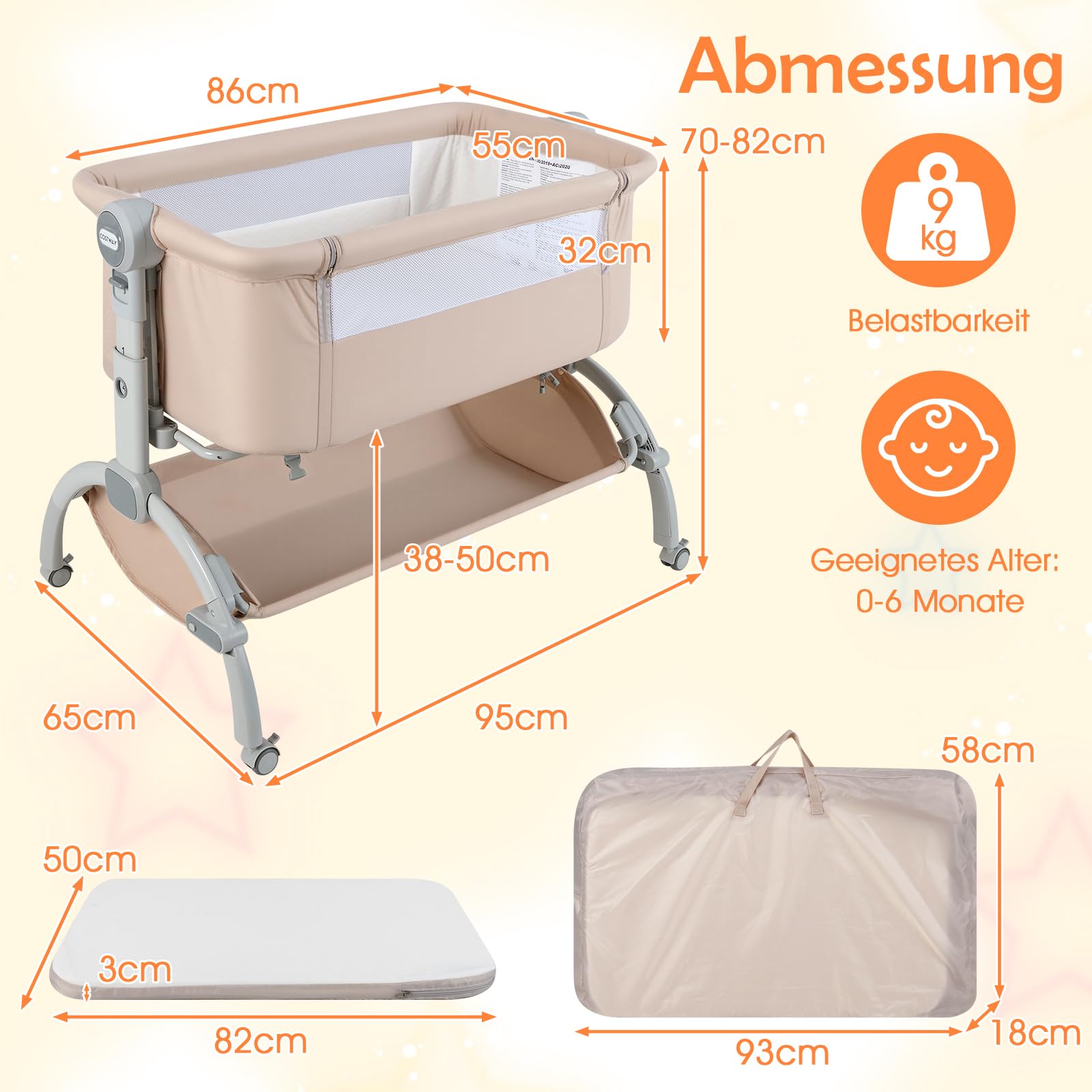 COSTWAY 3-in-1 Bijzetbed met klamboe, reisbed voor baby met matras, babybed 7-voudig in hoogte verstelbaar met draagtas, opbergmand, wieg voor baby tot 9 maanden (Grijs