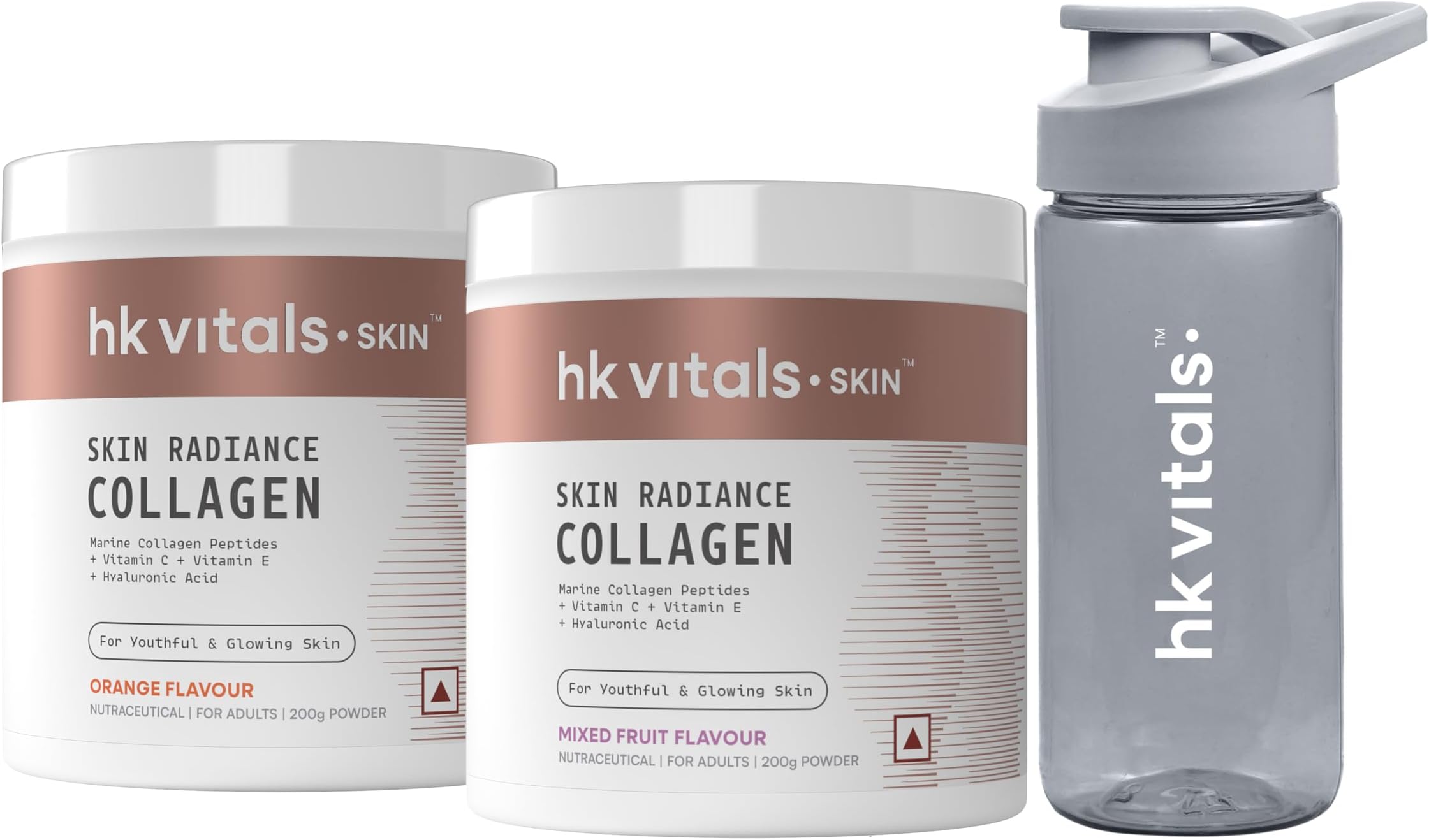 hk vitals Skin Radiance Marine Collagen Supplement (Orange & Mixed Fruit, 2 X 200g) & Sipper Bottle (Grey, 300ml) | Combo Pack |Vitamin C & E | For Healthy Hair & Skin
