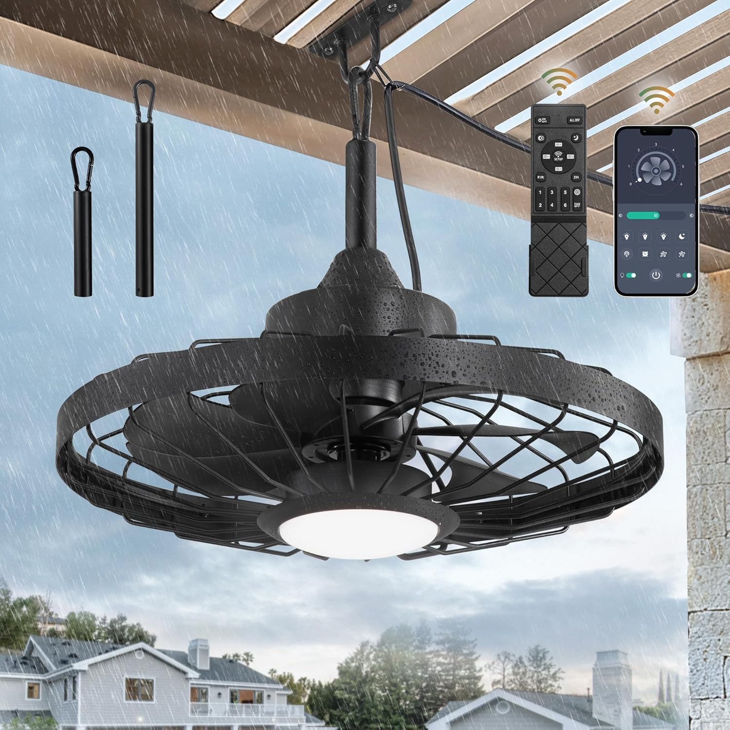 Deckenventilator für Außen mit Licht und Fernbedienung IP65 Wasserdicht LED Lampe mit Ventilator für Garten Terrasse Dimmbar Leise Deckenlampe Retro Deckenventilator mit Beleuchtung für Outdoor Innen