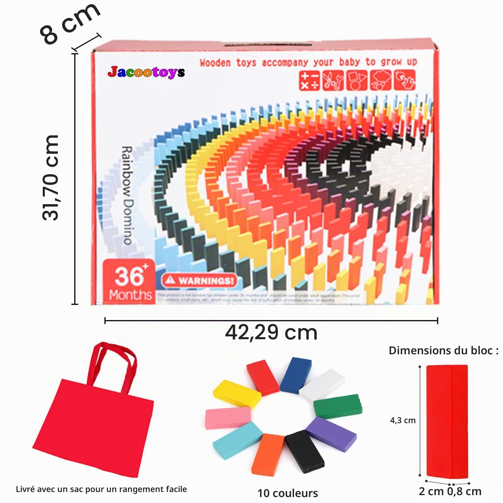 jacootoys 1000 Pièces Domino Set pour Enfants, Blocs de Construction en Bois Colorés Bulk Racing Tuiles Jeux, éducatif Domino Rallye Kits avec Sac de Rangement et Boîte