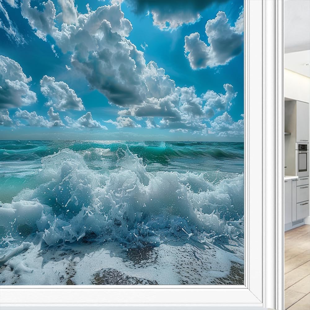 Rustic Waves Window Film Privacy Modern Nature Ocean View Decorative Stained Glass Decal for Home, Adhesive Window Sticker 31.5Wx47.2L inch