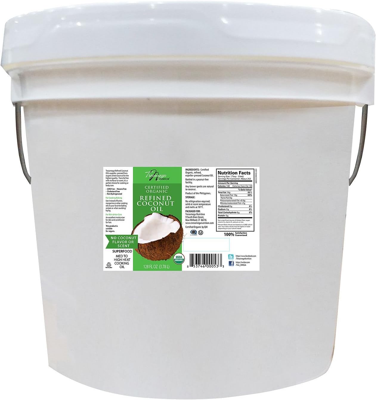 Tresomega Nutrition Organic Refined Coconut Oil (128 oz. pail) - (Original from manufacturer - Bulk Discount available)