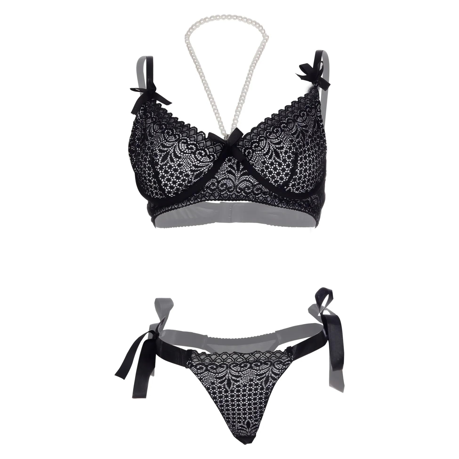 Sexy Lace Pearl Neck Bralette & Side Tie Thong Lingerie Set for Women – Hot Night Dress Bikini Bra Panty Babydoll – Stylish Honeymoon Fantasy Outfit Valentine Gift-image-33