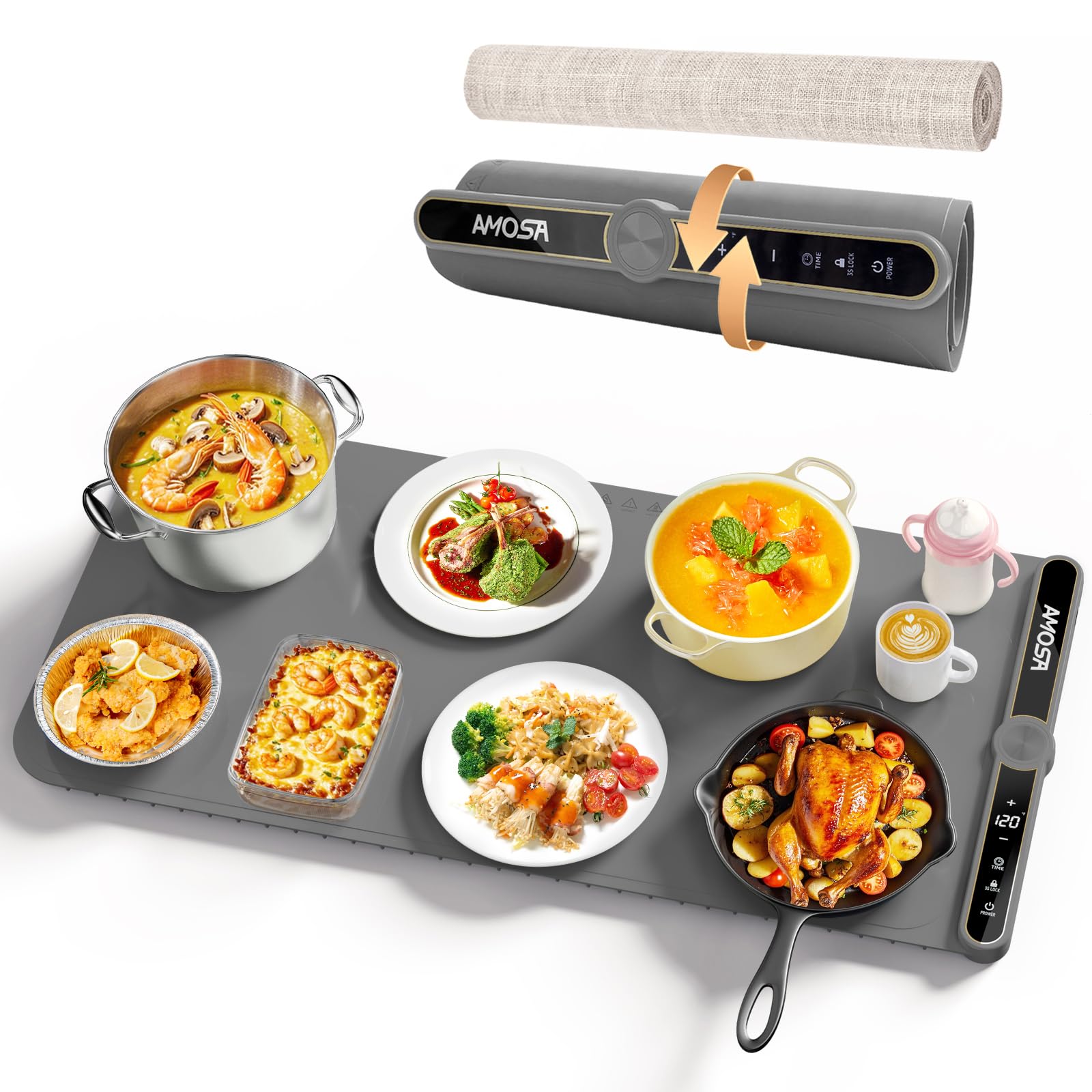 AMOSA Warming Mat for Food, Fast Heating Electric Food Warmer with 9 Level Temperature & 6 Hours Timer, Extra Large Roll-Up Silicone Warming Tray, Portable Food Warming Mat for Buffets Party (Grey)