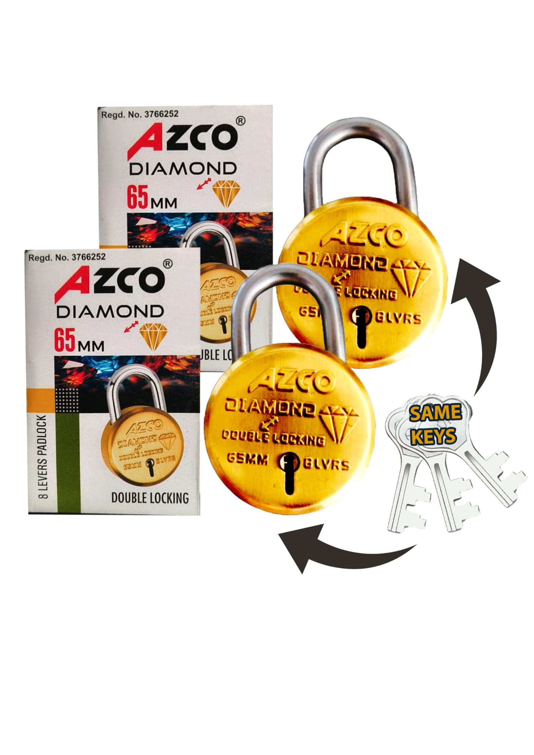 azco locks | regular size same keys padlocks | golden brass | locks and keys for home shop office main gate shutter | hardened schakle | double locking 8 levers (pack of 2 lock 3 same keys)
