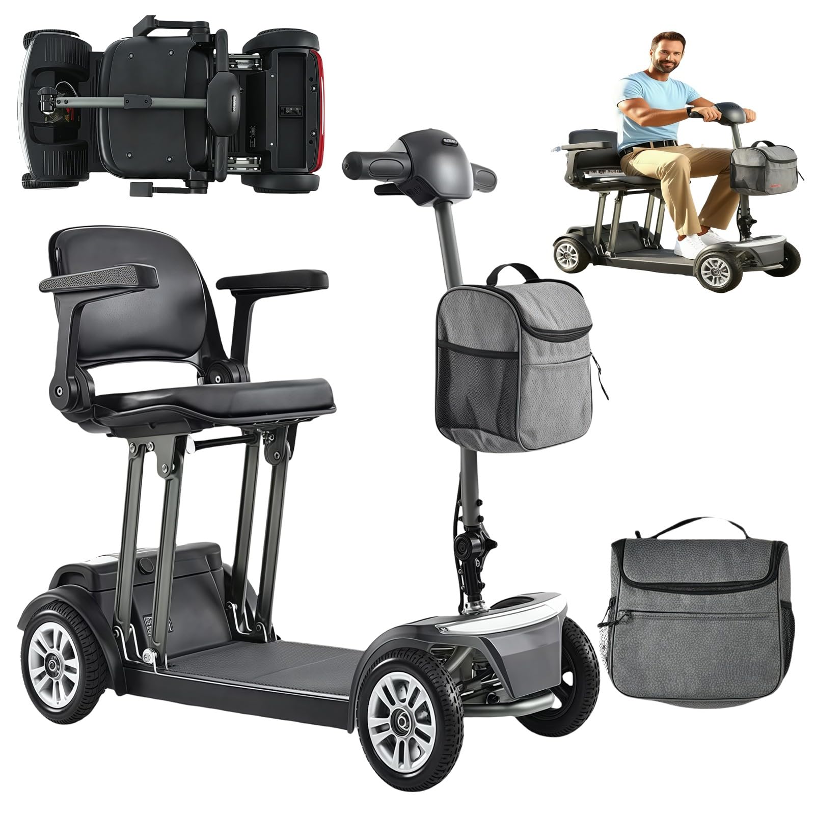 Scooter De Mobilité Portable Longue Portée, Scooter De Voyage, Scooter De Mobilité À 4 Roues, avec Chargeur Et Panier, Siège Confortable, Idéal pour Les Personnes Âgées