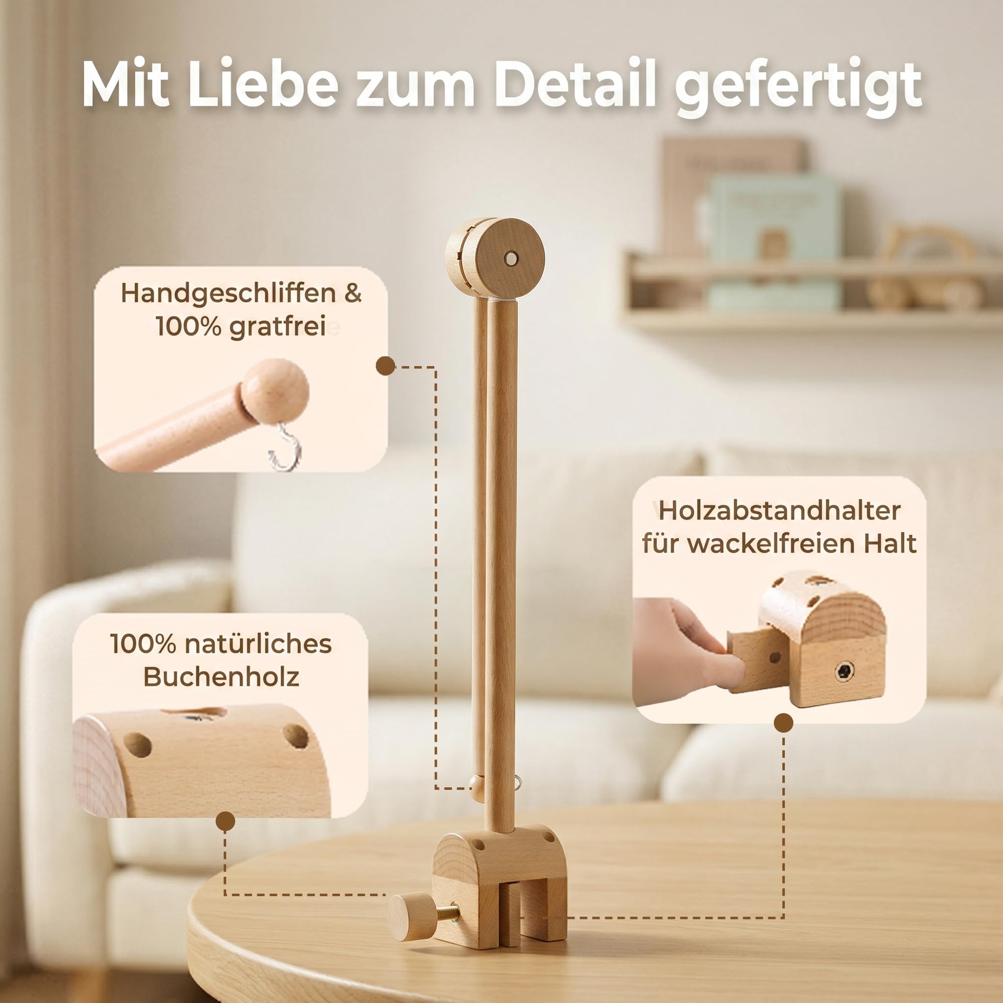 Supporto mobile in legno per lettino, supporto mobile per fasciatoio, decorazione per la cameretta dei bambini, personalizzato, supporto per cellulare, asta per appendere i campanelli eolici