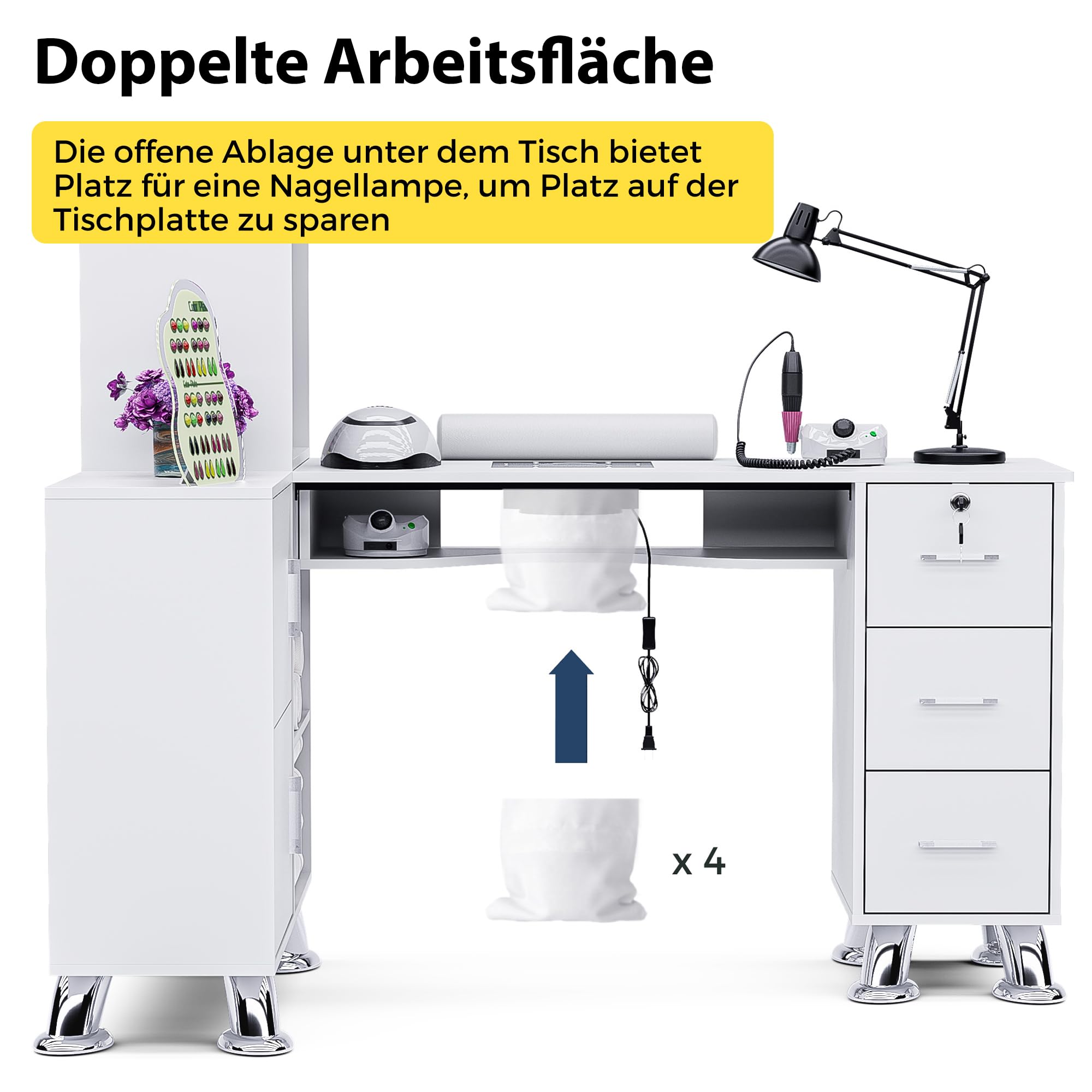 Nageltisch mit Staubabsaugung, Stabiler Manikürtisch mit 3 Schubladen, 3 Schränken, 4 Staubsaugerbeuteln, Handauflage, Profi Nagelstudio Tisch für Maniküre & Nageldesign, Weiß