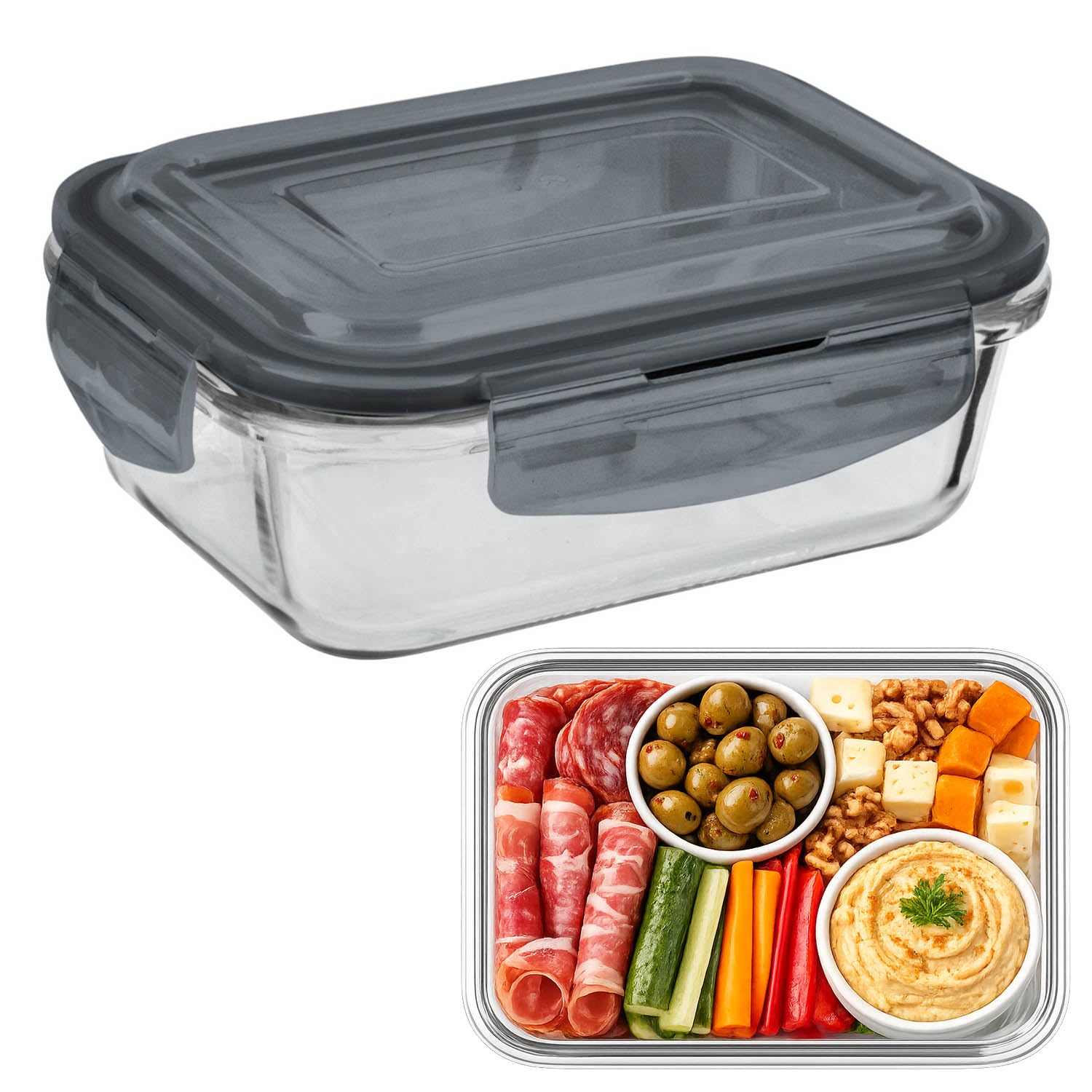 UNIQUE HOME LIVING UHL Glass Meal Prep Containers with Lids, 1.6L Glass Food Storage Container, Leak-Proof Airtight Plastic Lid, Bento Takeaway Lunch Boxes, Microwave/Oven/Freezer/Dishwasher Safe