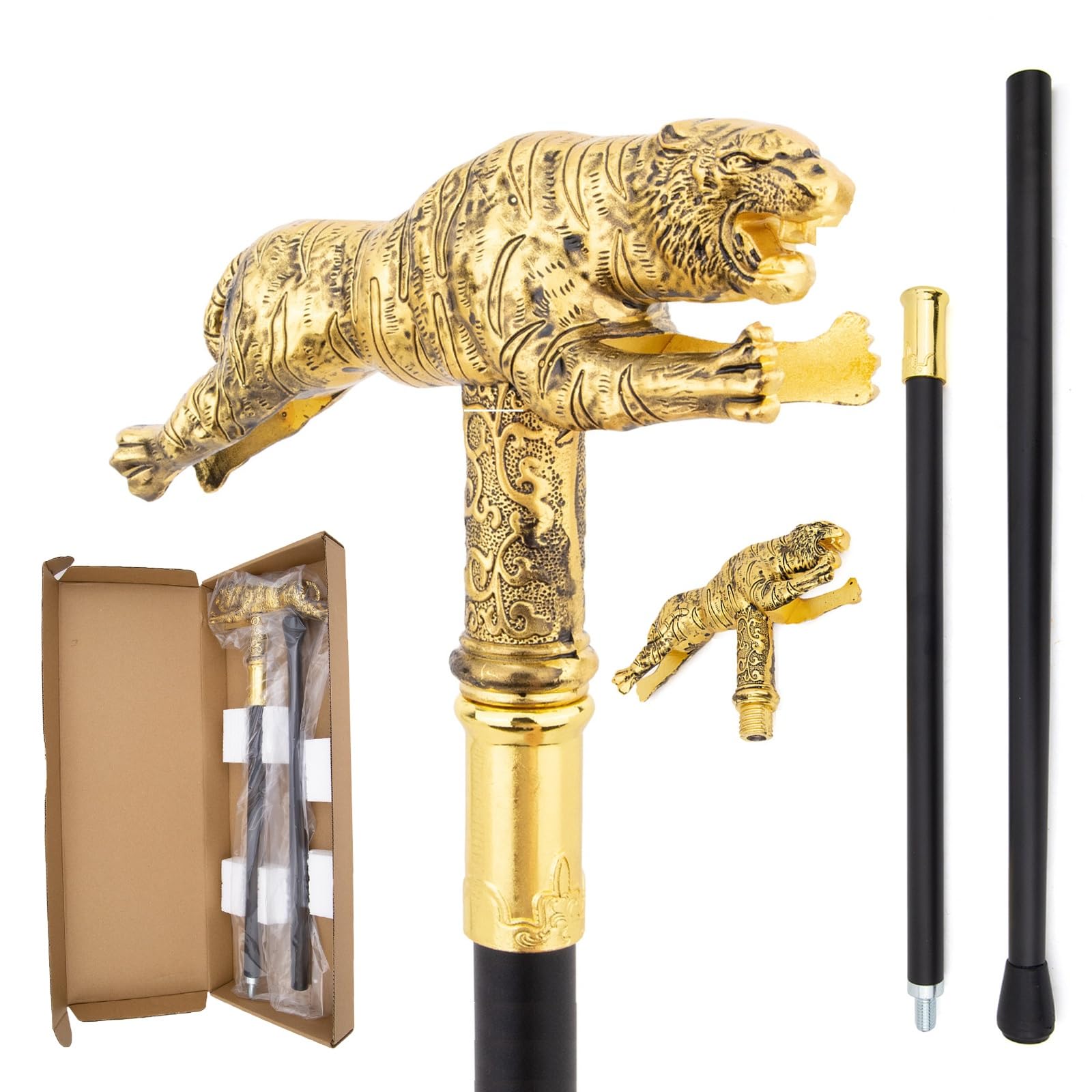 Design Tigre Metallo Oro Bastone da Passeggio – Stile Britannico, Elegante & Lussuoso per Escursionismo, Cosplay, Uso Quotidiano & Regalo