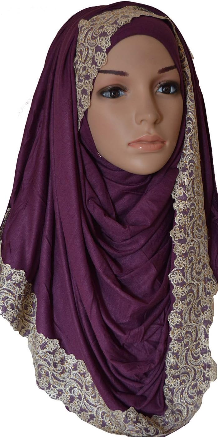 Deluxe Lace Jersey Hijab Gold Studded Maxi Hijab Scarf Plain Shawl Scarf