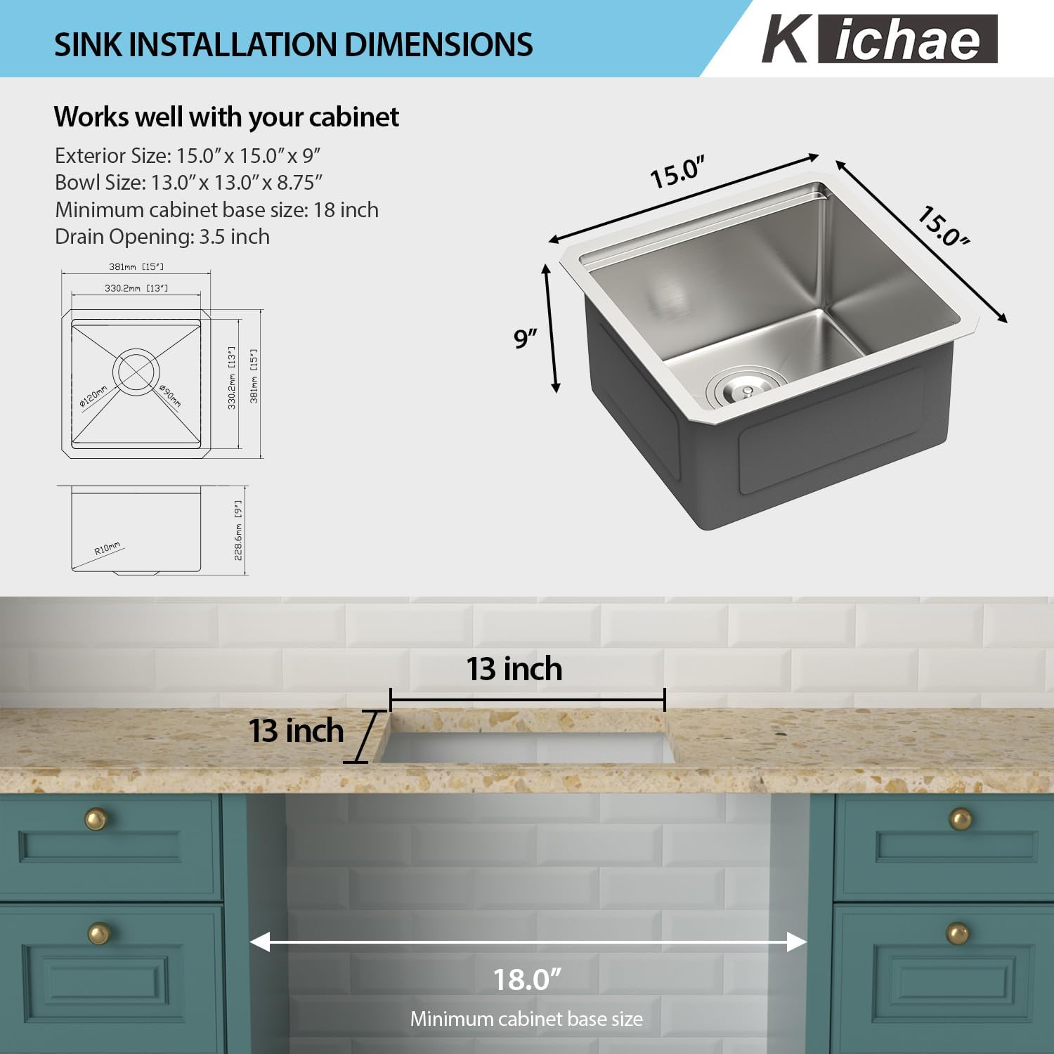 Kichae Undermount Bar Sink - 15" x 15" Bar Prep RV Kitchen Sink Stainless Steel 16 Gauge Workstation Small Wet Bar Sinks Single Bowl Handmade Basin With Cutting Borad