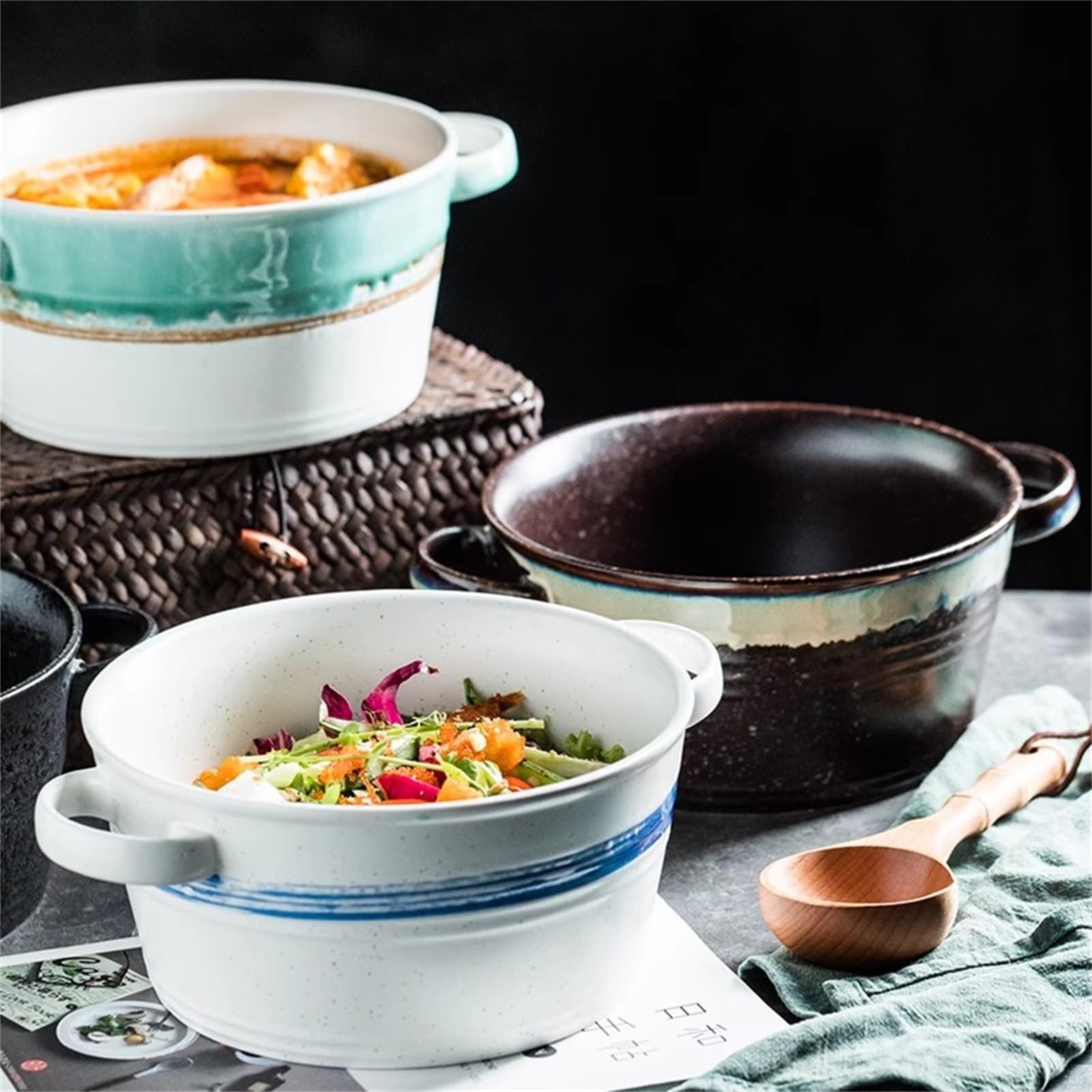 Suppenschüsseln im japanischen Stil mit Griffen | 1700 ml/57,4 Unzen | Braun glasierte französische Zwiebelsuppenschüssel | Stapelbare Servierschalen for Eintopf, Pasta | spülmaschinen- und ofenfest
