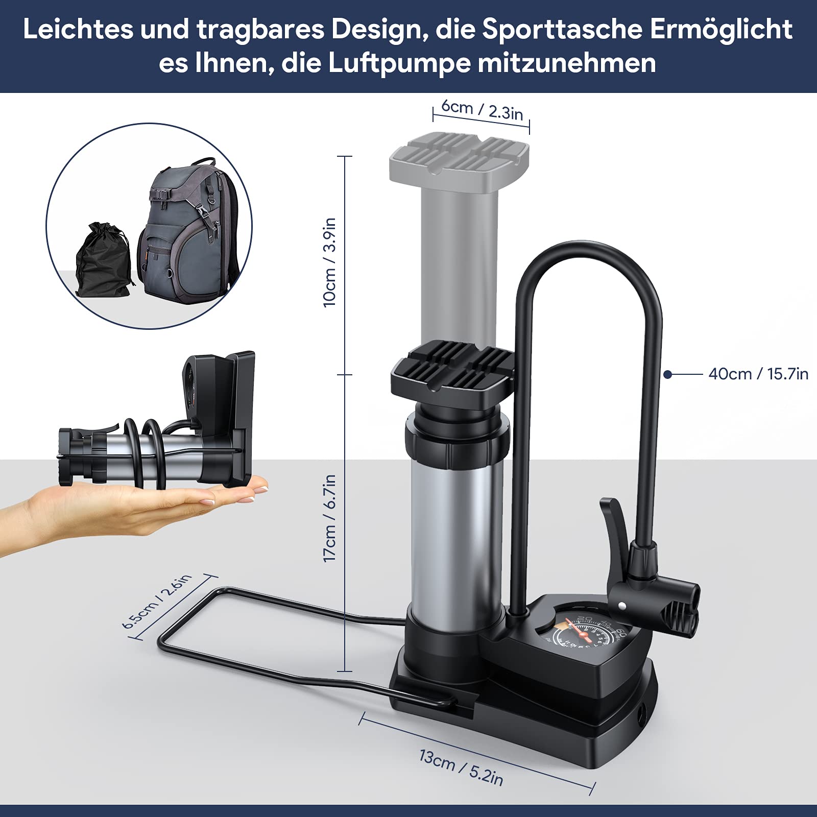 Fahrradpumpe Mini-Luftpumpe mit großem Manometer - Mini und tragbar, 11bar/160PSI, Dualkopf, Minipumpen für alle Ventile, geeignet für Fahrräder, Bälle, Schwimmringe und Luftmatratzen