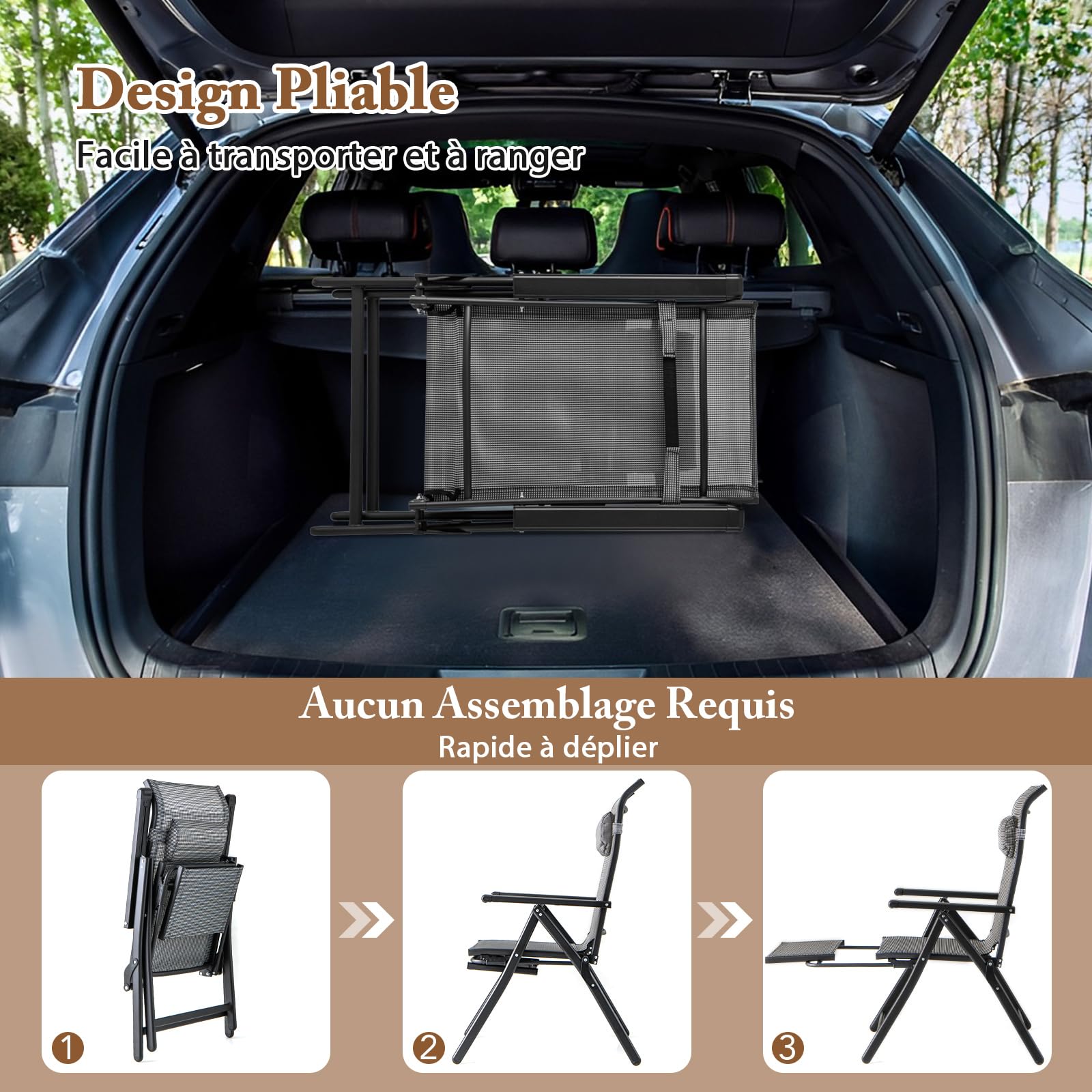 COSTWAY Chaises de Jardin Exterieur, Chaises Pliantes Réglables sur 10 Niveaux, Repose-Pied Rétractable, Appui-tête, Fauteuil Pliante pour Jardin Camping Piscine, Charge 150 kg (2)