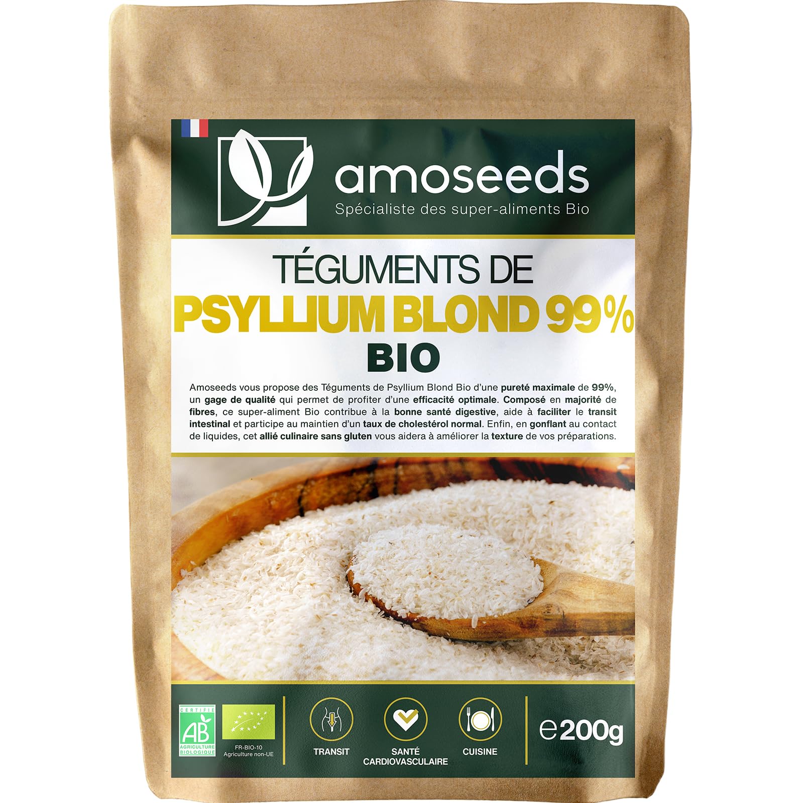 Psyllium Blond Bio | Téguments Purs 99% | 88% de Fibres, Transit, Sans gluten | Qualité Supérieure… (Psyllium 200G)