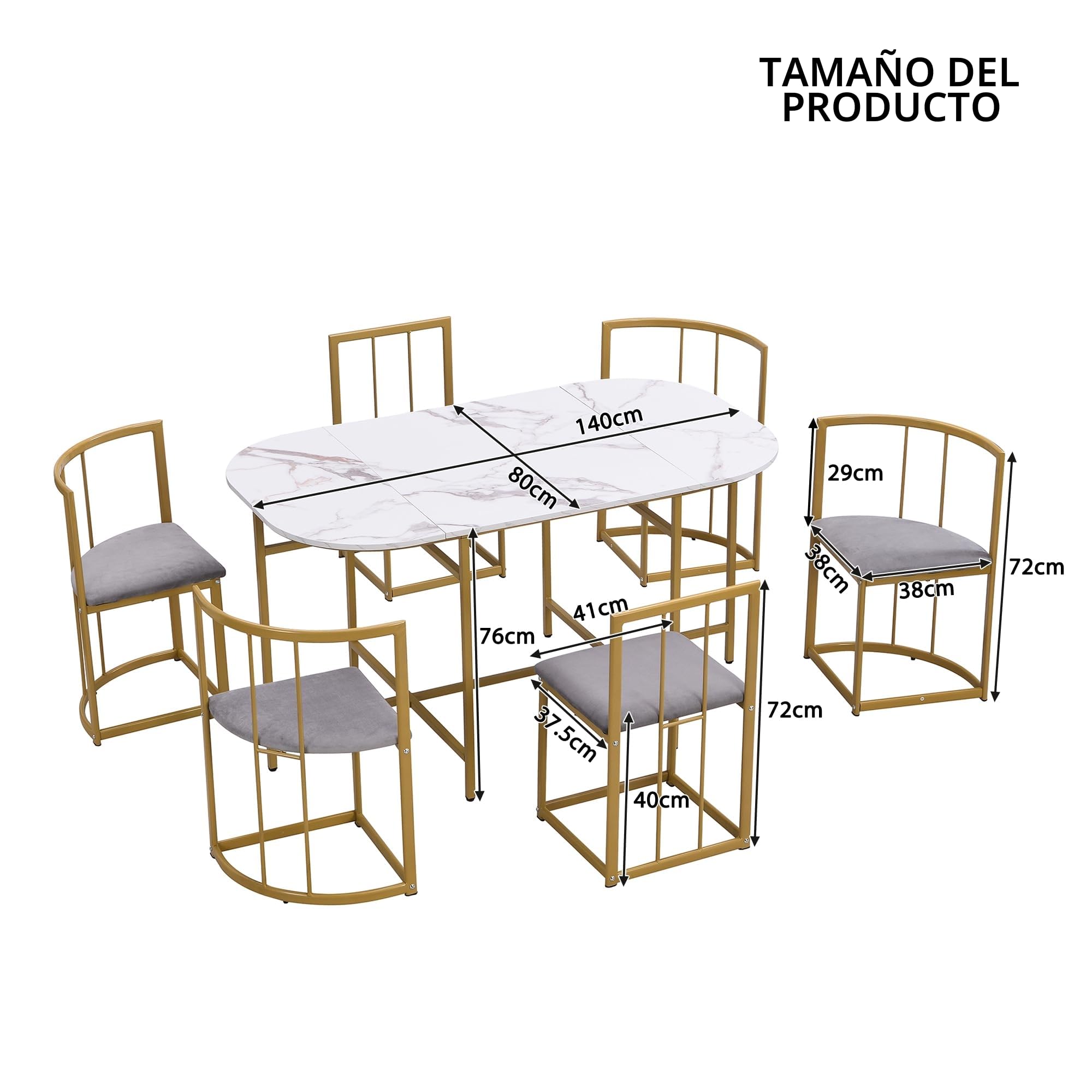 Juego de mesa de comedor blanco, sillas con 6 respaldos y tapicería gris, estructura de hierro chapado en oro, mesa de comedor y juego de sillas, moderno