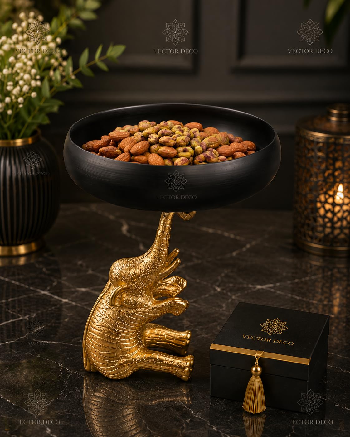 Vector Deco Black & Gold Decorative Dry Fruit Serving Bowl | elephant Figurine Stand, Table Centerpiece, Living Room Décor, Dining Table Display, Black & Gold Finish-image-23
