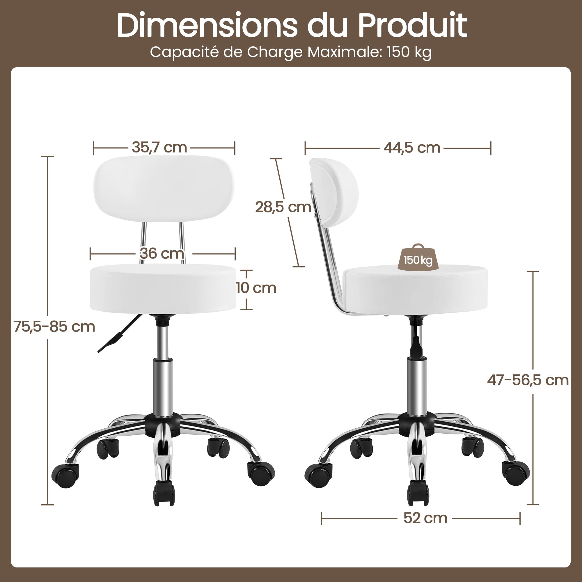 Tabouret de Bureau avec Dossier, Rotation 360°, Hauteur Réglable 75-84 cm, Siège Rembourrage 10 cm, Blanc