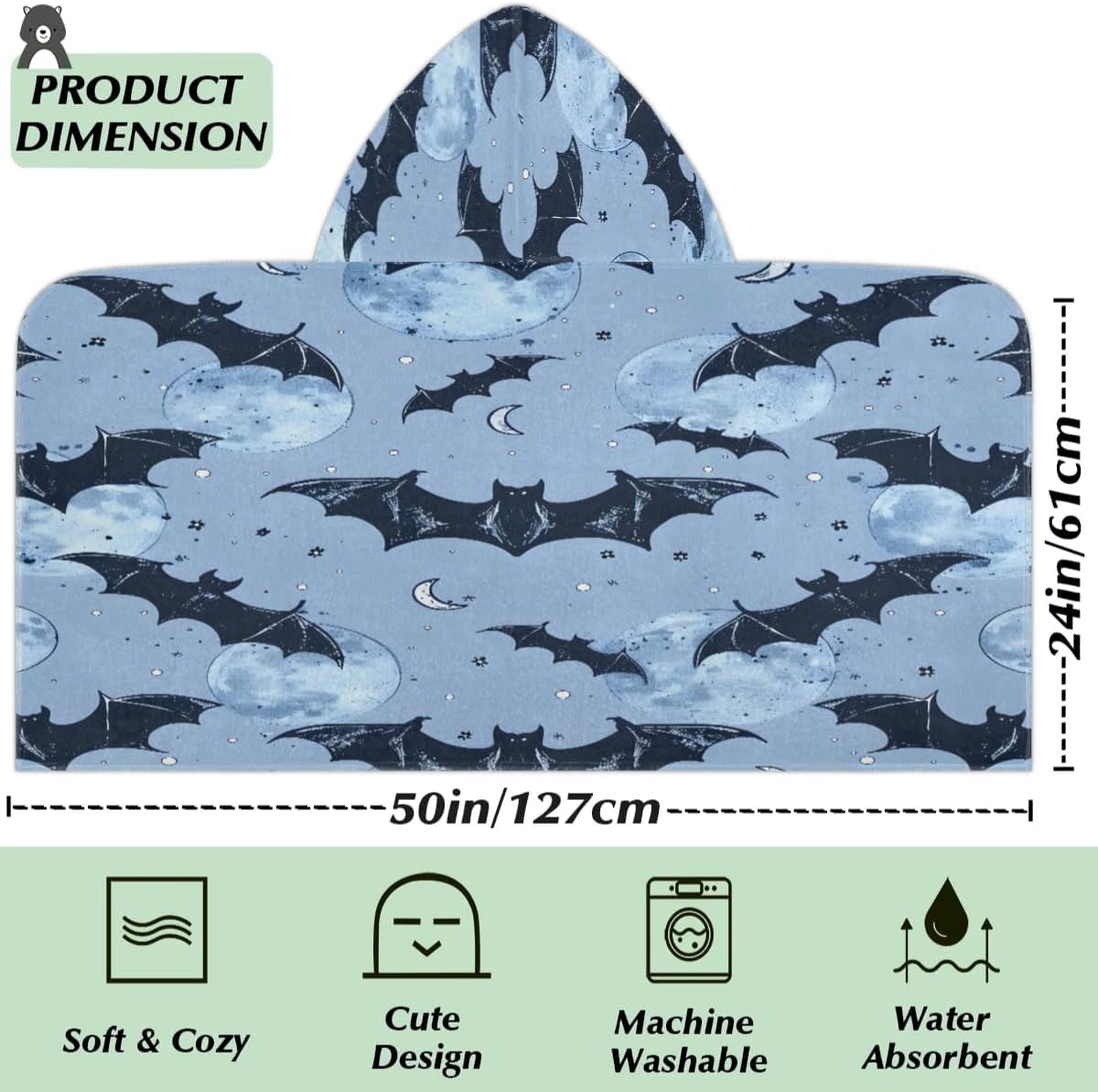 Pardick Kids Bath Towel Bats Beach Towel with Hood Pool Cover Up for Girls Boys Soft Absorbent Hooded Bath Towel Toddler Towels for Beach, Pool