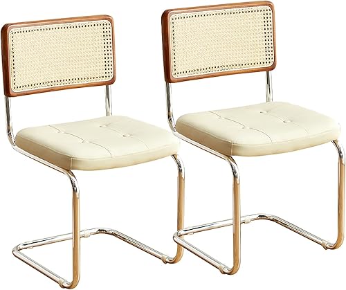 QQXX Juego de 2 sillas de comedor de ratán modernas de mediados de siglo con respaldo de bastón, cómoda silla de escritorio tapizada de cuero con