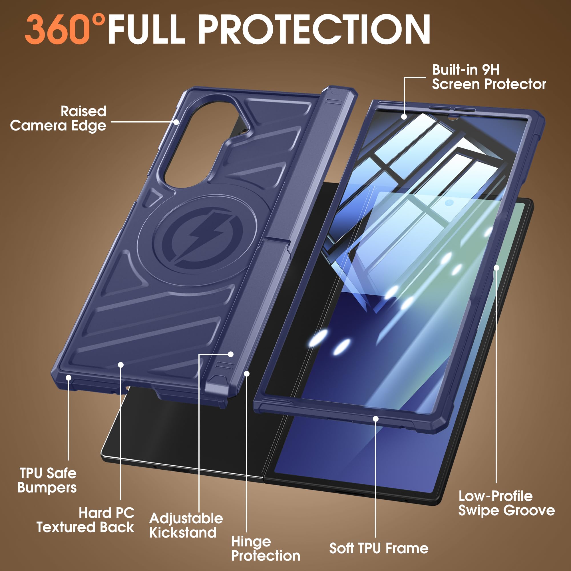 Custodia per Samsung Galaxy Z Fold 7: doppio supporto orizzontale/verticale, protezione per cerniere standard militari, compatibile con ricarica wireless, pellicola protettiva per display 9H