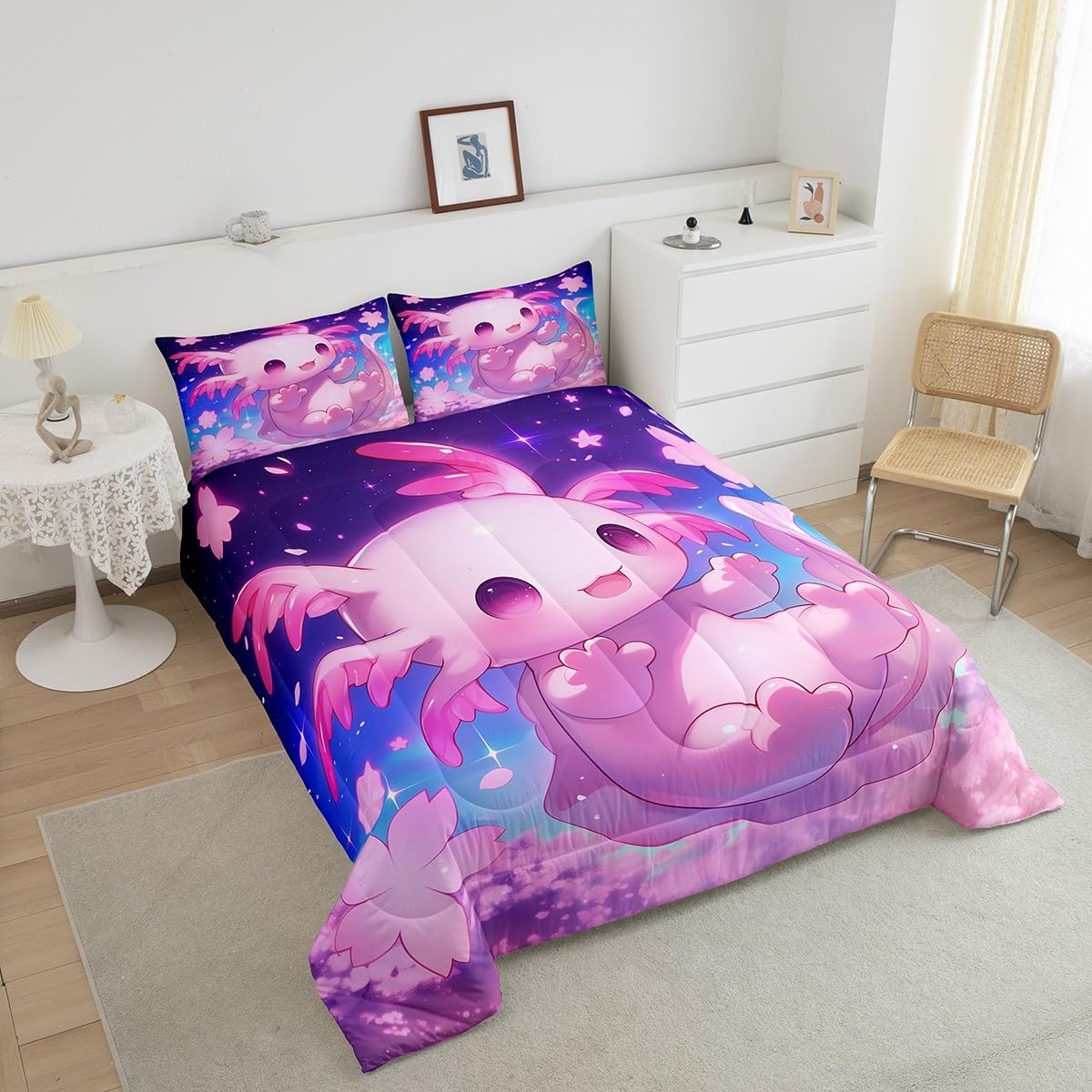 Feelyou Cute Axolotl Bedding Set Boys Girls Twin Size Cherry Blossoms Comforter Set for Kids Women Men Ultra Soft Cartoon Salamander Comforter Kawaii Ocean Sealife Duvet Set Room Decor