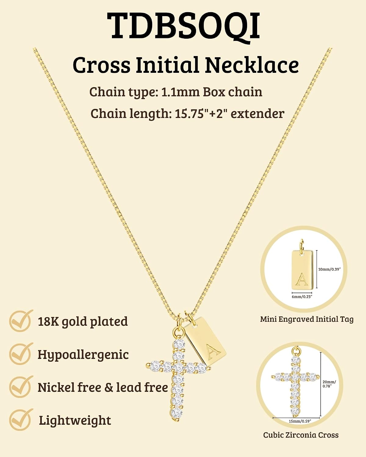 Cross Initial Necklace for Women Non Tarnish 18K Gold Plated Initial Letter A-Z Pendant Necklaces with Cubic Zirconia Cross Christian Faith Necklace Jewelry Gifts for Women
