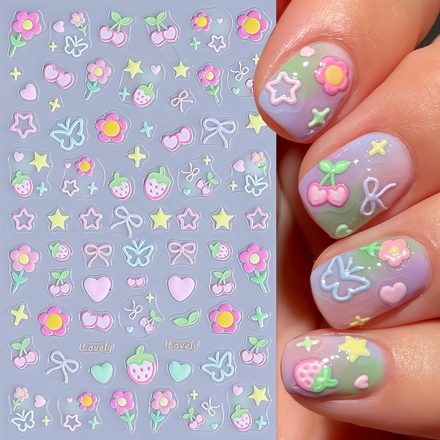 4Pcs Flower Nail Art Stickers 5D Embossed Flowers Nail Decals Self-Adhesive Cute Cherry Strawberry Heart Star Nail Design Stickers for Nails Colorful Bow Butterfly Kawaii Manicure Supplies for Women