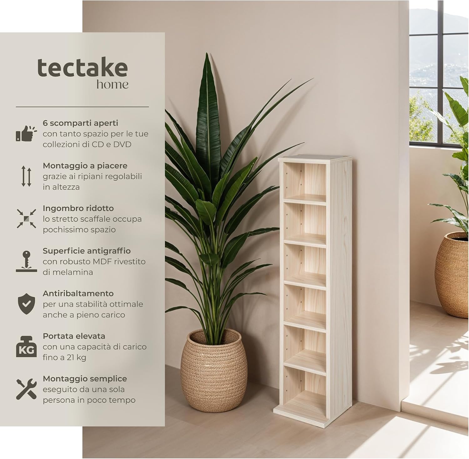 tectake CD/DVD storage shelf in a room, highlighting features like anti-tip and load capacity