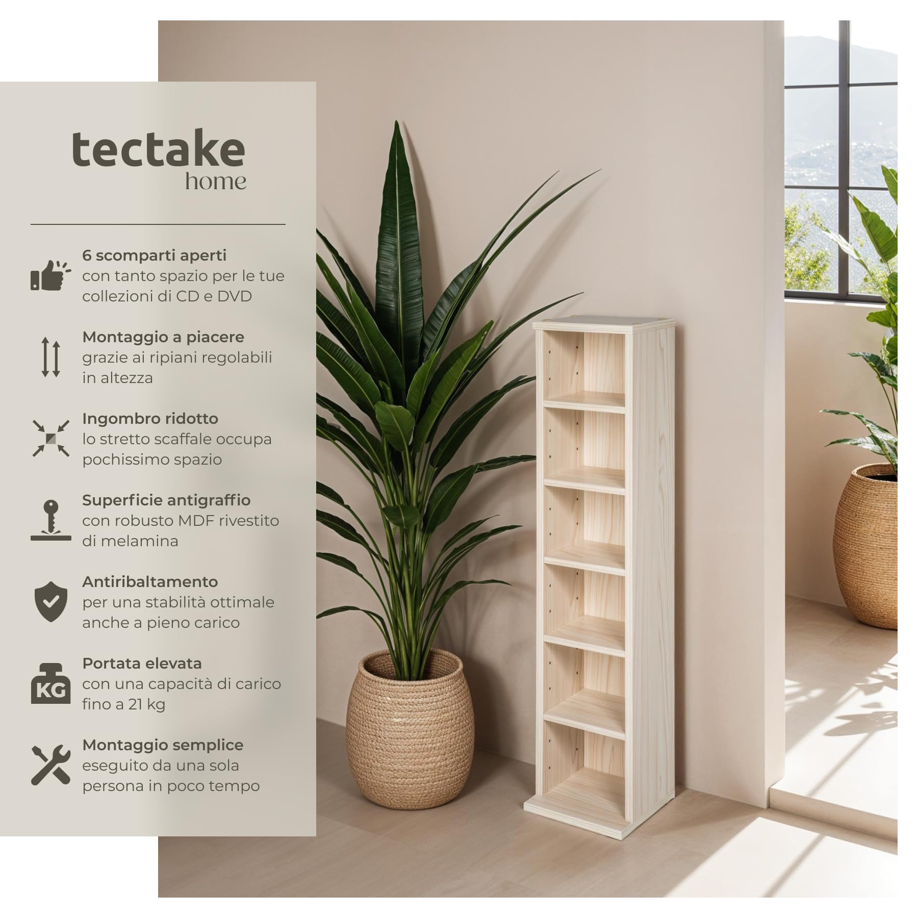TecTake® Scaffale Porta CD DVD Archiviazione 102 CD, Supporto di Archiviazione, 6 Piani, Facile da Montare, Materiale MDF con Rivestimento Plastico, Dimensioni 90 x 21 x 20 cm, Peso 5,5 kg - Faggio