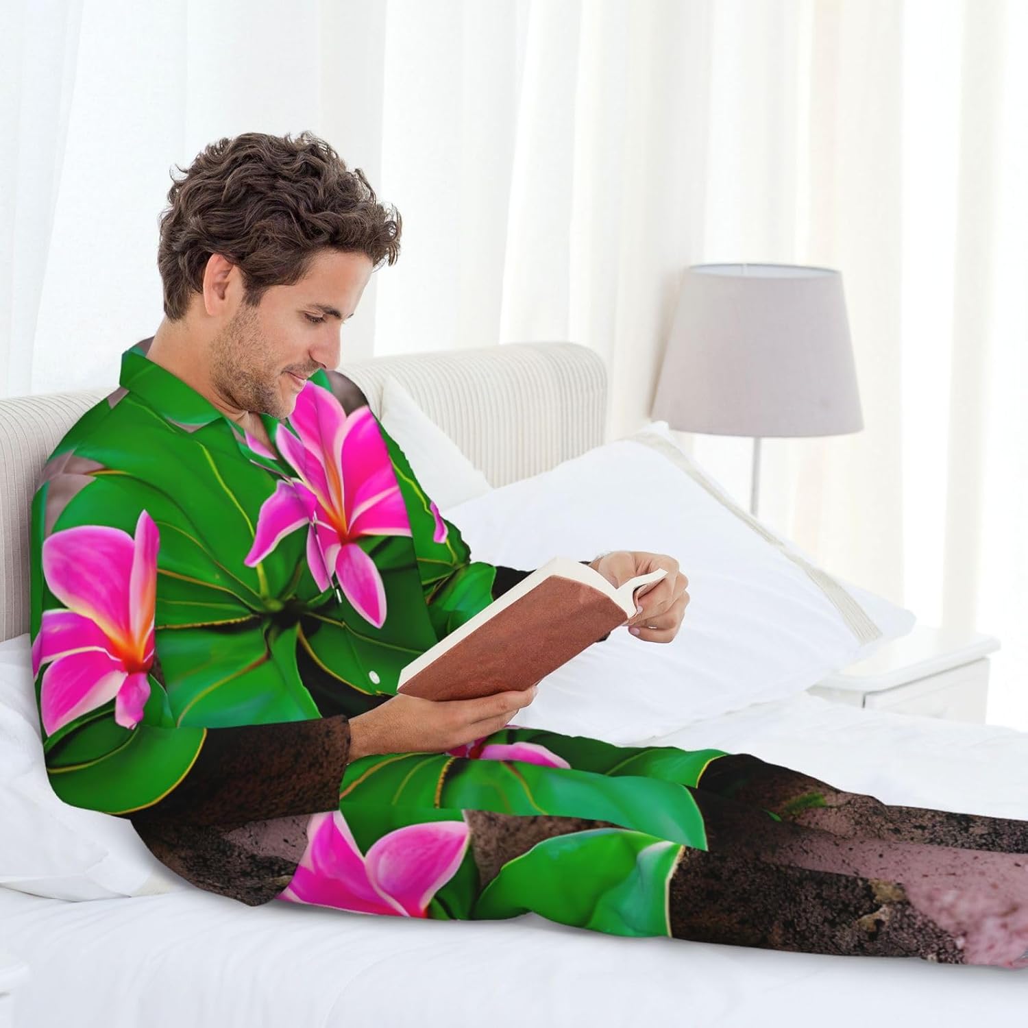 Pink Flower Tropical Plant Print Luxurious Mens Pajamas Set,Breathable Pajamas Set,Perfect For Lounging Bed,Sofa