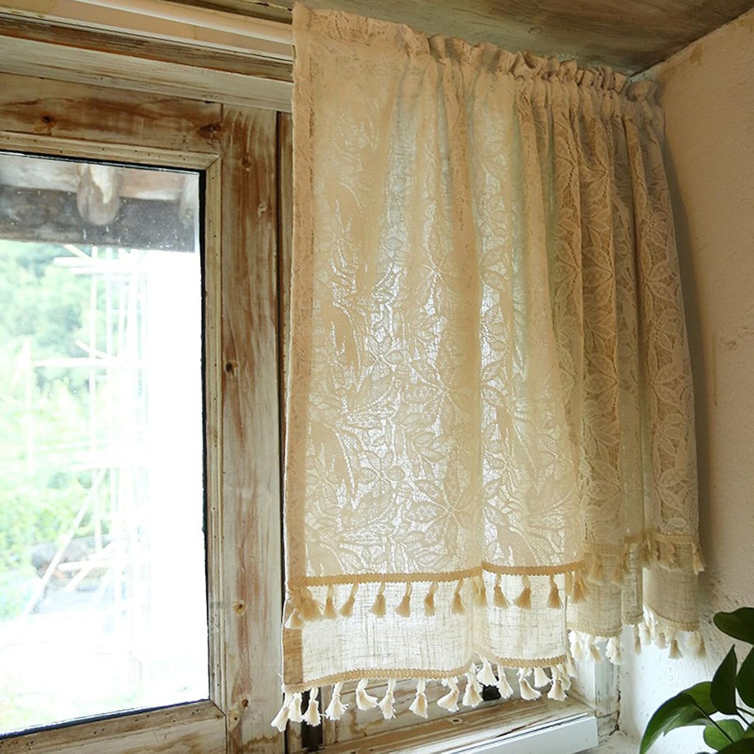 Boho Semi-Sheer Curtain Valance for Kitchen Window Retro Cotton Lace Leaves Pattern Short Curtains Vintage Window Treatment Decor Rod Pocket with Tassel for Bedroom,1 Panel 53"×31"