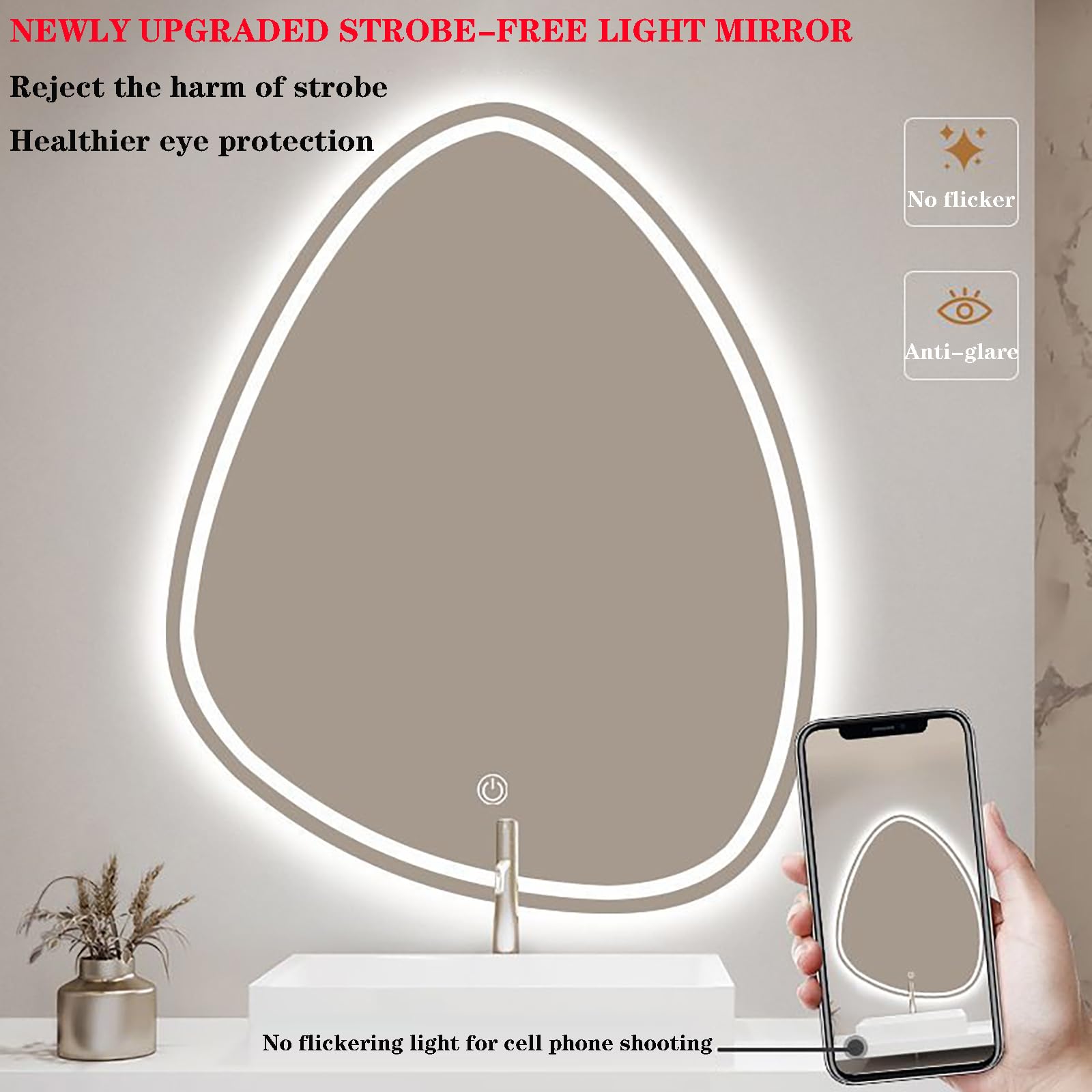 Tropfenförmiger Wandspiegel mit 3-farbiger Beleuchtung, LED-Schminkspiegel, 50x70cm/60x80cm/70x90cm, Smart-Touch-Badezimmerspiegel, moderner asymmetrischer Dekospiegel (Größe: 60x80cm/23,6x3