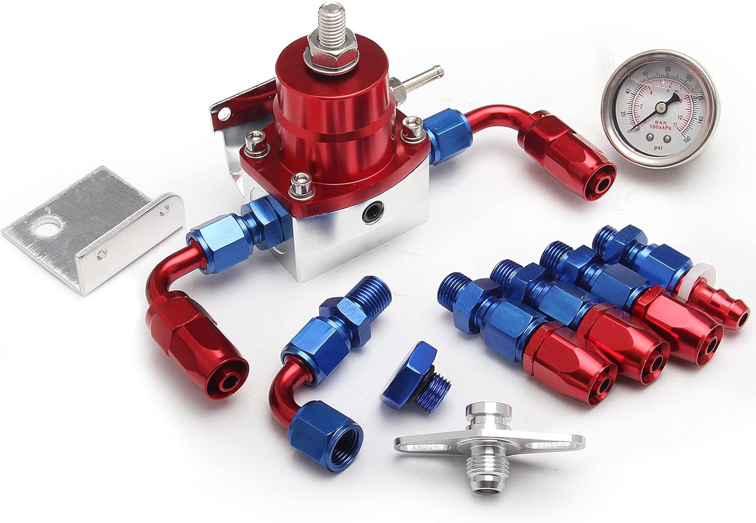 Aluminum Adjustable Universal EFI Fuel Pressure Regulator Kit with 0-100psi Pressure Gauge AN6-6AN Fuel Line Hose Fitting Connectors Kit Blue&Red HTRACING