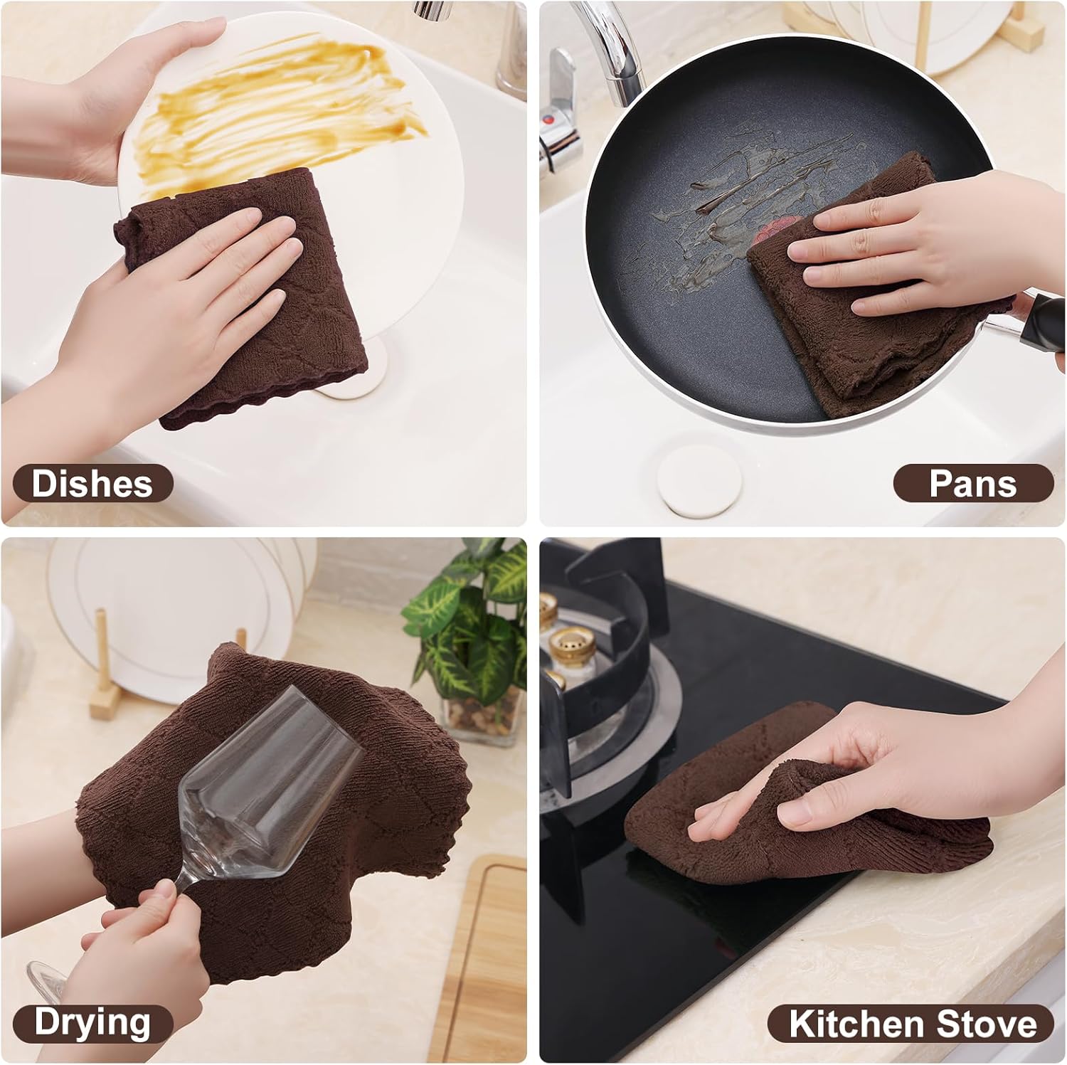 Homaxy 12 Pack Kitchen Dish Cloths (10 x 10 Inches, Brown), Super Soft and Absorbent Coral Velvet Dish Towels, Nonstick Oil Fast Drying Microfiber Cleaning Cloth, No Lint Household Dishcloths - Image 4