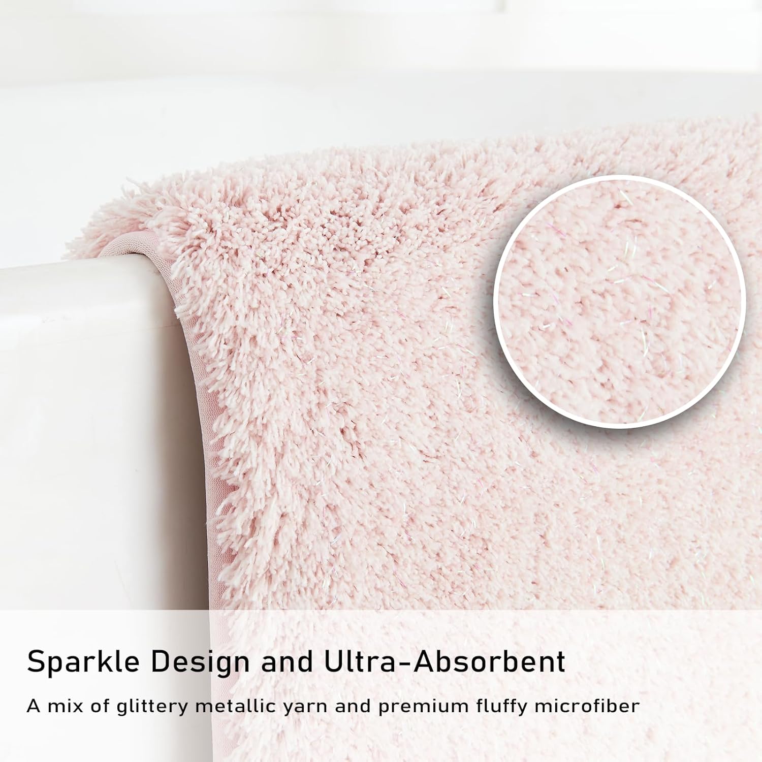 Douceur Sparkle Bath Mats for Bathroom Non Slip 32" X 20", Super Soft Microfiber Pink Bathroom Rugs Washable, Fluffy Absorbent Bath Rugs, Quick Dry Shower Mat Gifts, Pink and White