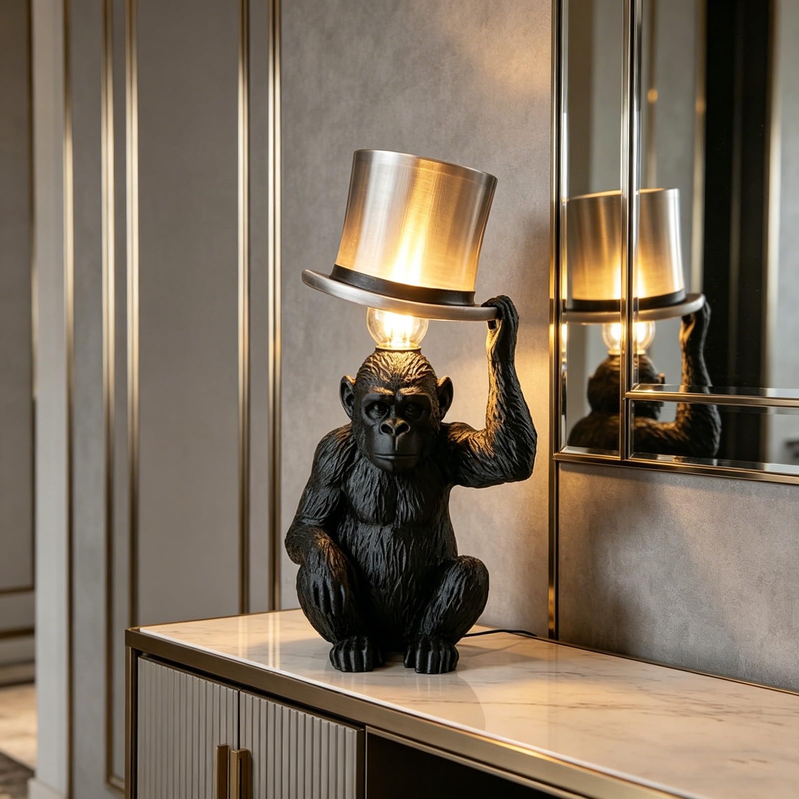 Monkey Table Lamp with Top Hat, Gold Monkey Lamp, Quirky Animal Sculpture Desk Lamp for Bedroom Living Room Office (Black)