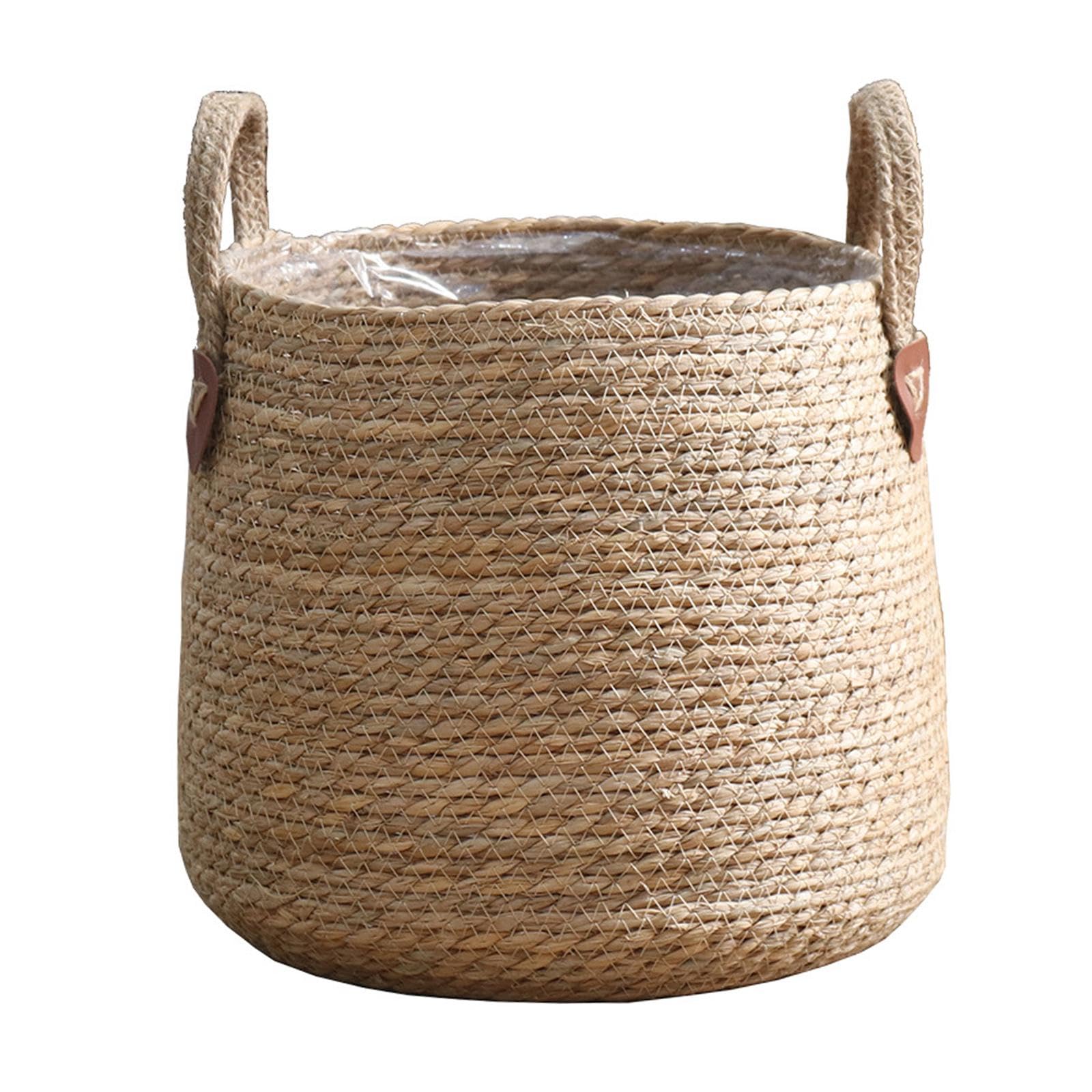 LOVIVER Woven Plant Basket Large Plant Pot Round Lined Rattan Storage Baskets Rustic Wicker Planter Basket with Handle for Indoor Lawn Yard Home Plant Flower Sundries, S